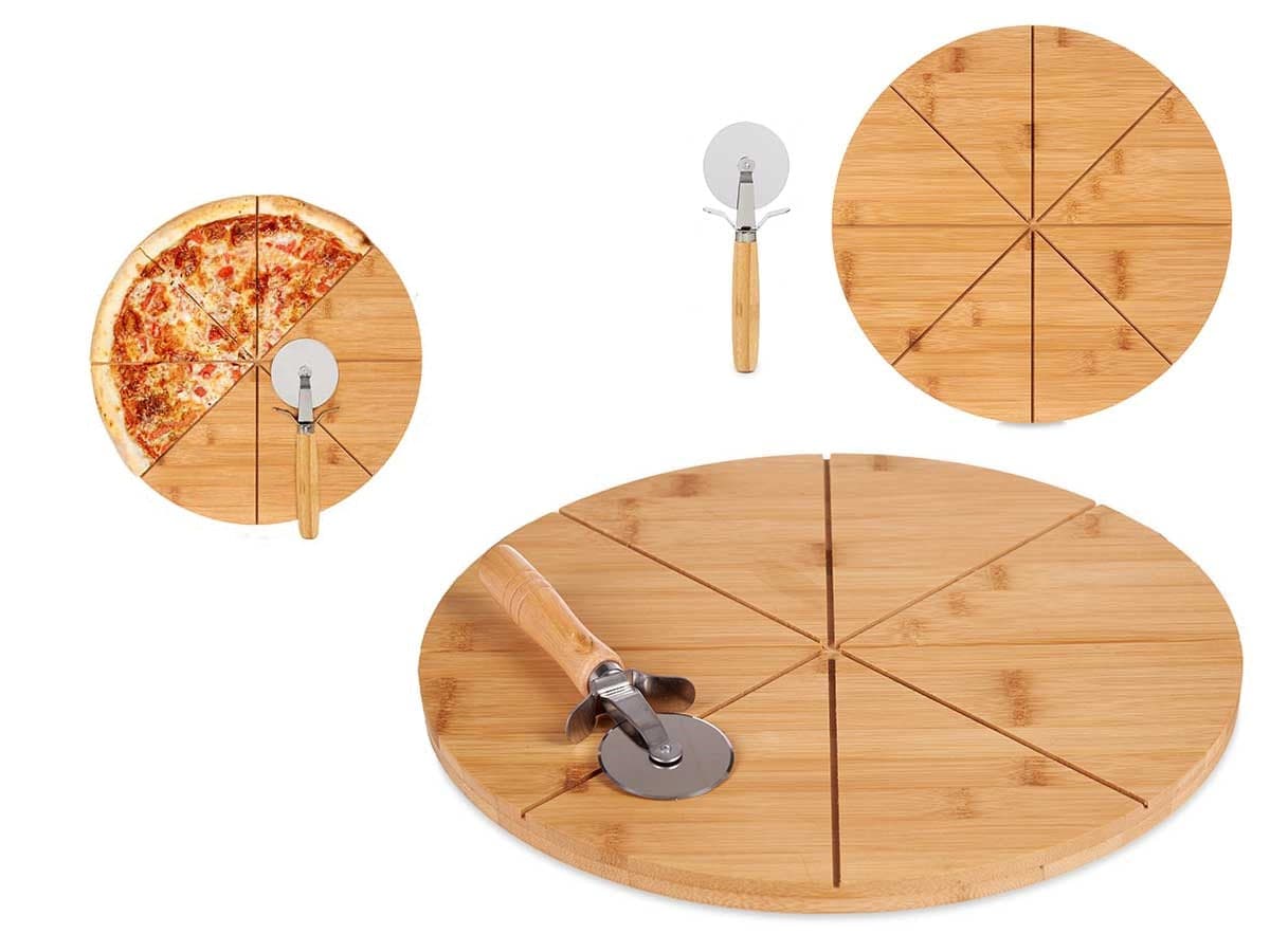Tagliere Pizza Bambù 35cm con Rotella Ecologico e Robusto (8 Spicchi)