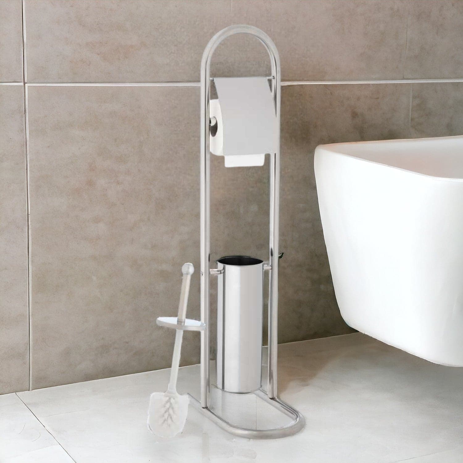 Piantana Bagno Portarotolo e Portascopino Cromato Alto 80 cm Salvaspazio Silver