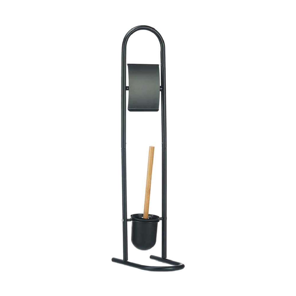 Piantana Bagno Portarotolo e Portascopino Metallo e Bambu Salvaspazio Nero