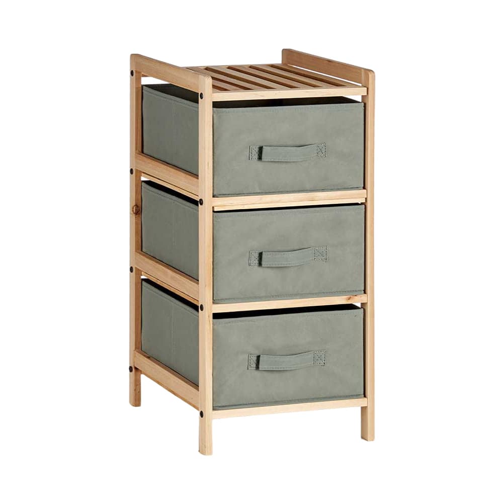 Cassettiera 3 Cassetti in Legno Naturale e Stoffa Mobile Colore Grigio H 66cm