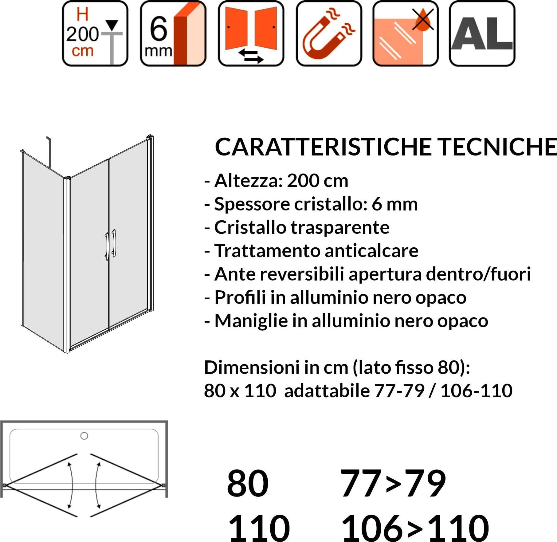 Porta Doccia Saloon cristallo trasparente 6mm H200cm con lato fisso profili nero MYLAS in Box doccia Mondialshop - Parabiago, commercioVirtuoso.it