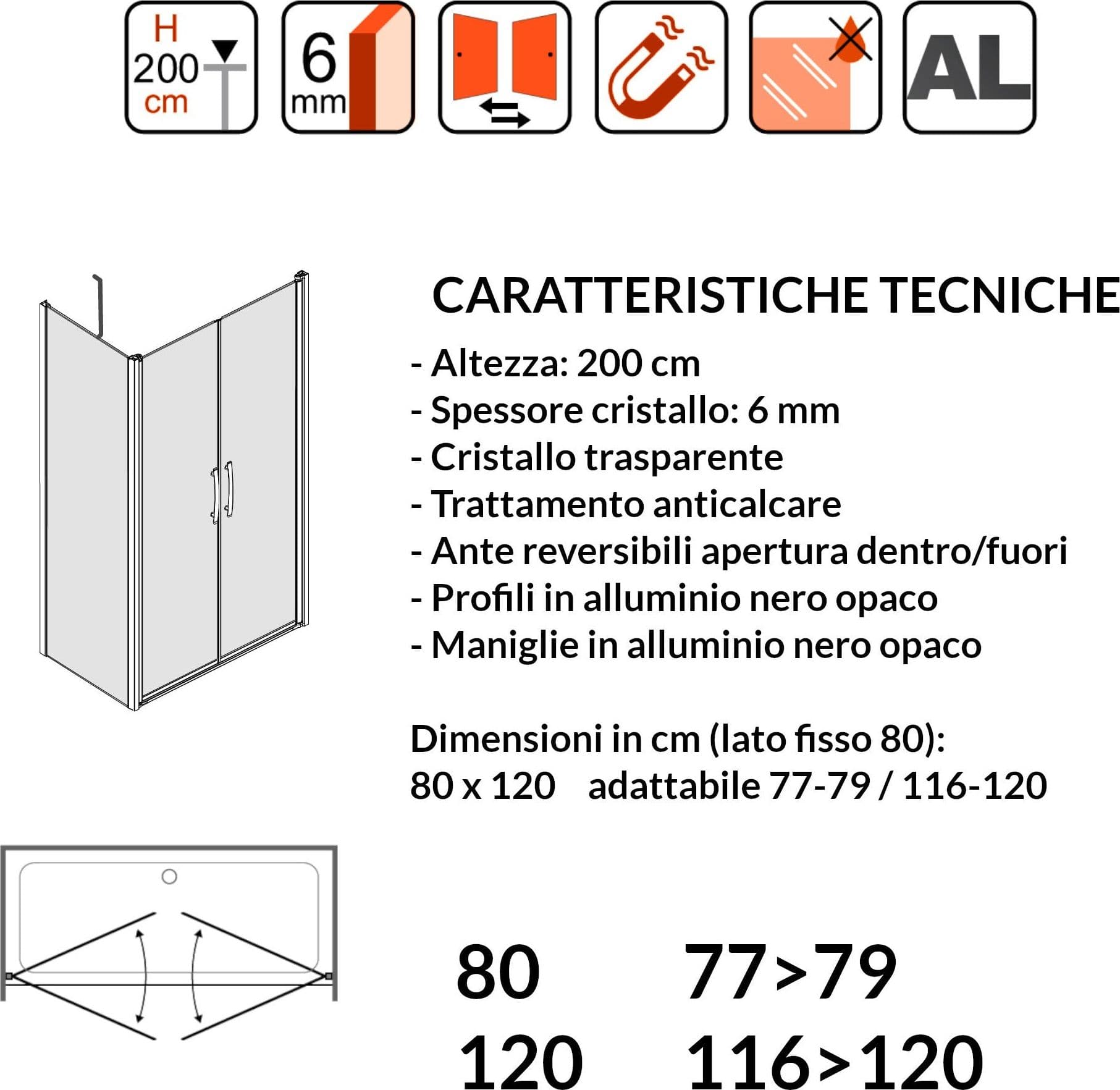 Porta Doccia Saloon cristallo trasparente 6mm H200cm con lato fisso profili nero MYLAS in Box doccia Mondialshop - Parabiago, commercioVirtuoso.it