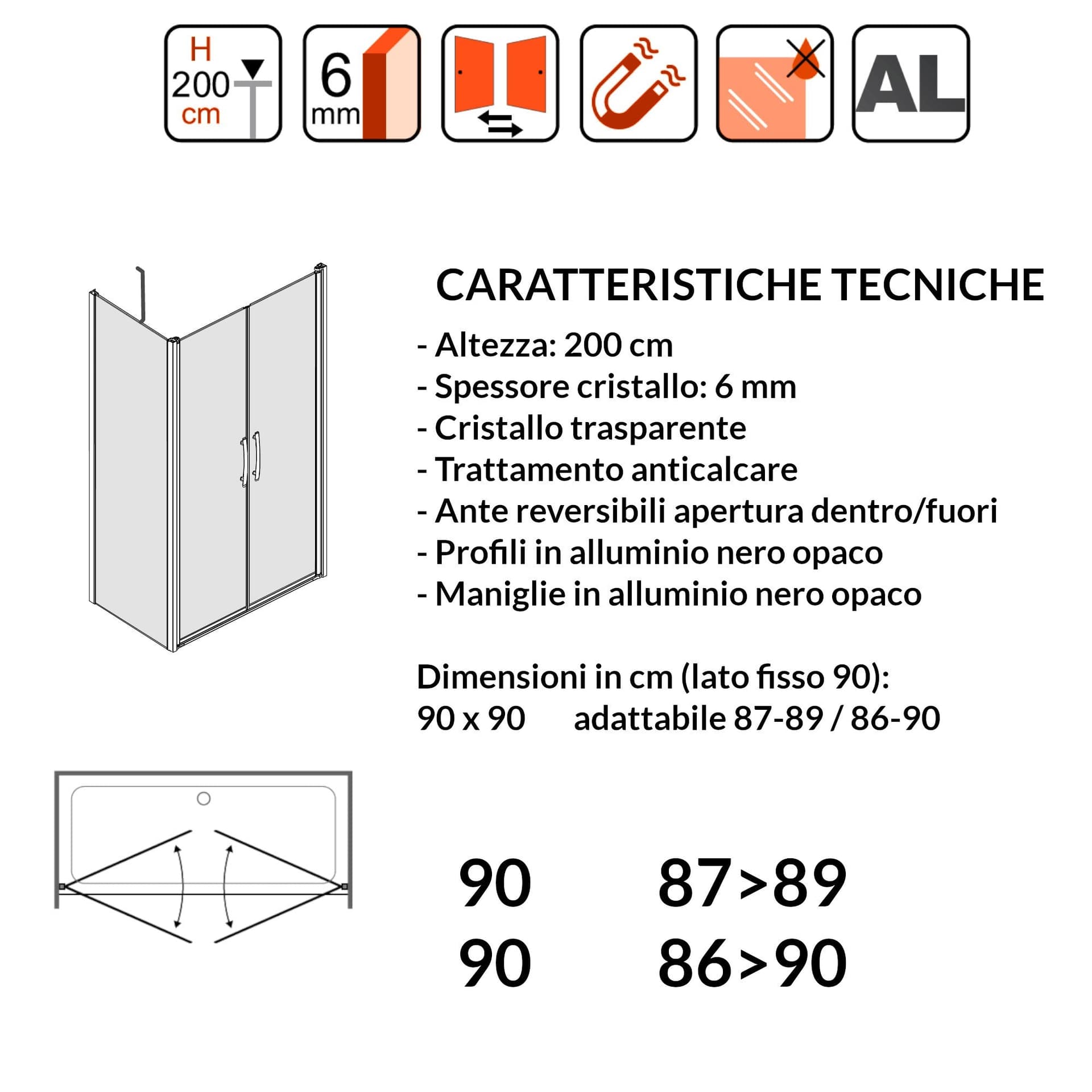 Porta Doccia Saloon cristallo trasparente 6mm H200cm con lato fisso profili nero MYLAS in Box doccia Mondialshop - Parabiago, commercioVirtuoso.it