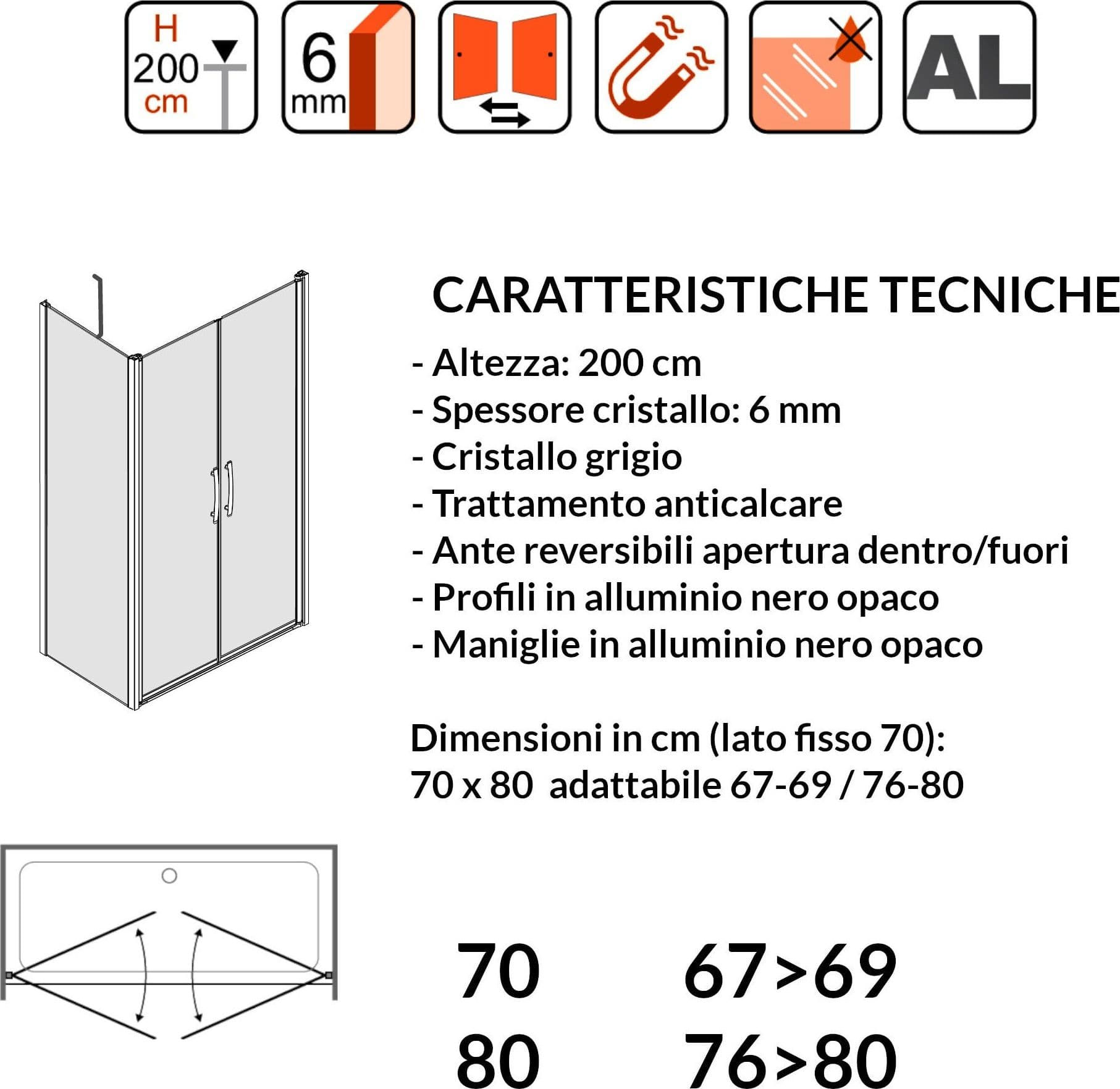 Porta Doccia Saloon cristallo grigio 6mm H200cm con lato fisso profili nero MYLAS in Box doccia Mondialshop - Parabiago, commercioVirtuoso.it