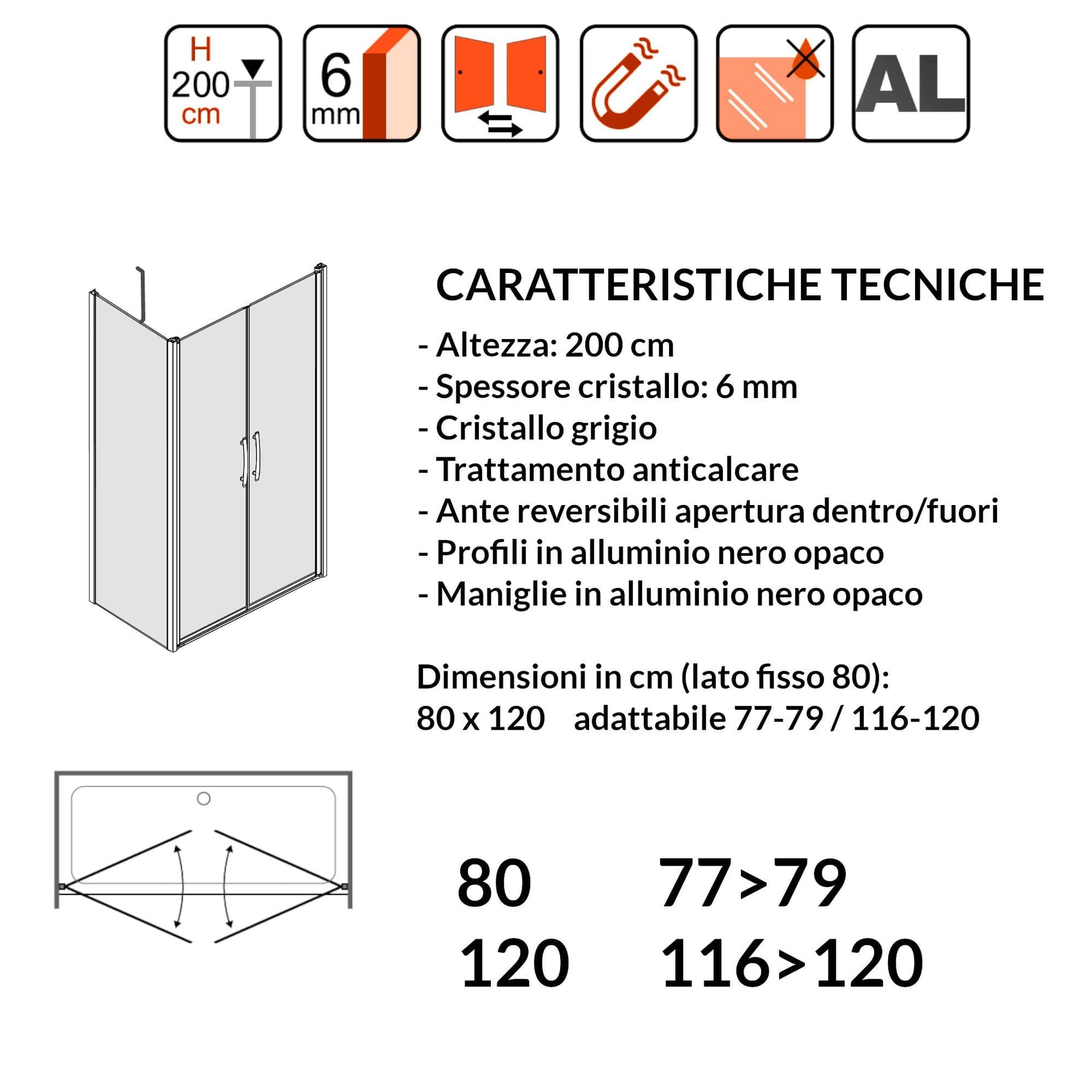 Porta Doccia Saloon cristallo grigio 6mm H200cm con lato fisso profili nero MYLAS in Box doccia Mondialshop - Parabiago, commercioVirtuoso.it