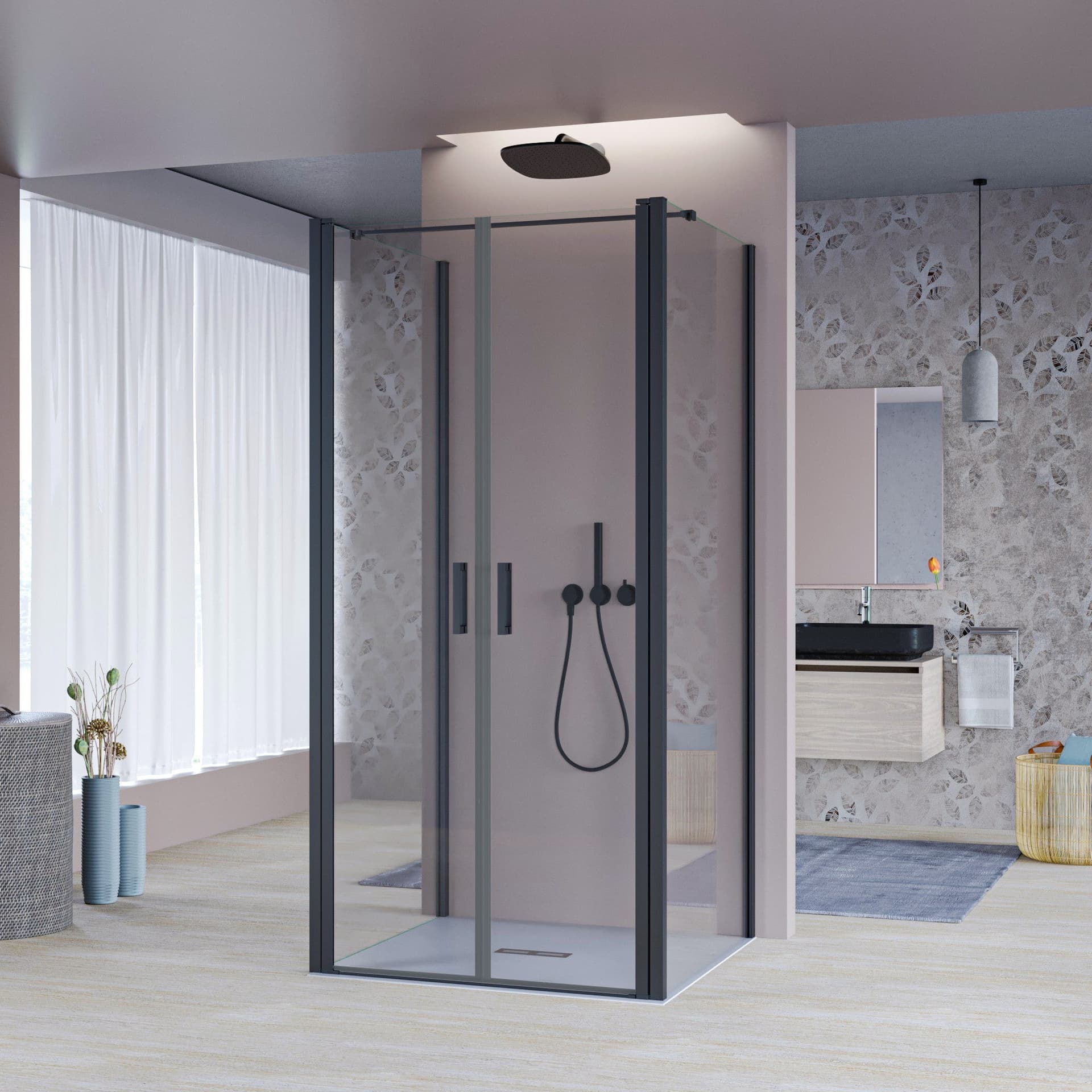 Porta Doccia Saloon cristallo trasparente 6mm H200cm con 2 lati fissi profili nero MYLAS