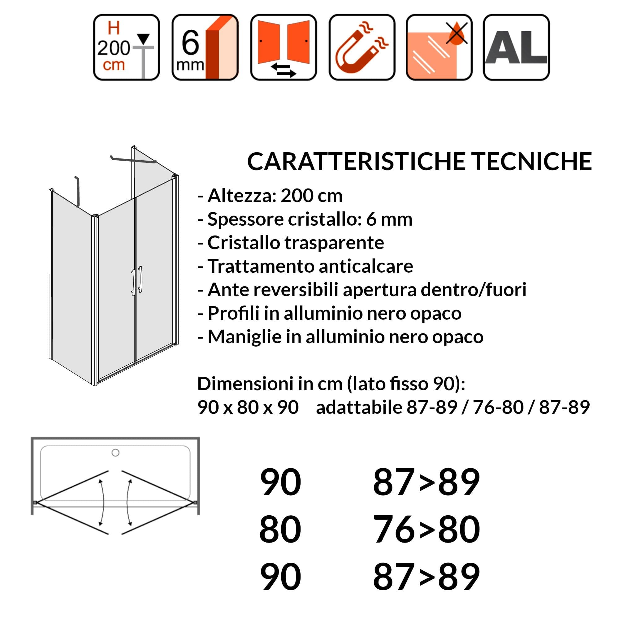 Porta Doccia Saloon cristallo trasparente 6mm H200cm con 2 lati fissi profili nero MYLAS in Porte doccia Mondialshop - Parabiago, commercioVirtuoso.it