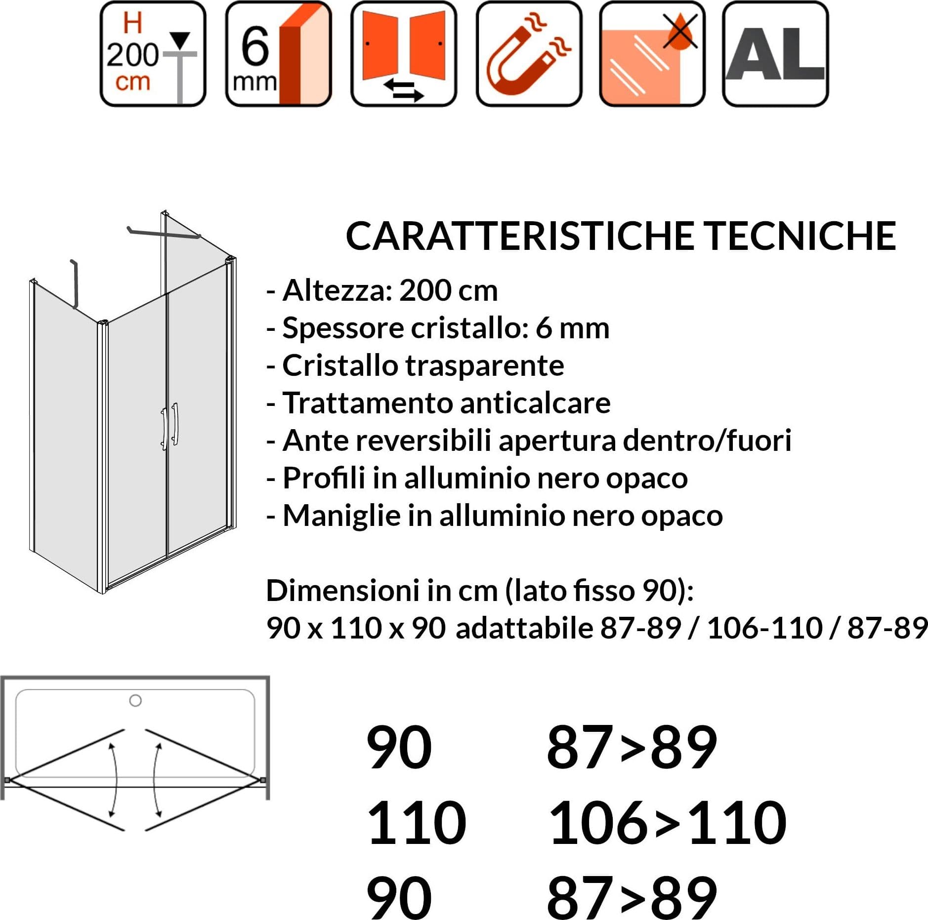 Porta Doccia Saloon cristallo trasparente 6mm H200cm con 2 lati fissi profili nero MYLAS in Porte doccia Mondialshop - Parabiago, commercioVirtuoso.it