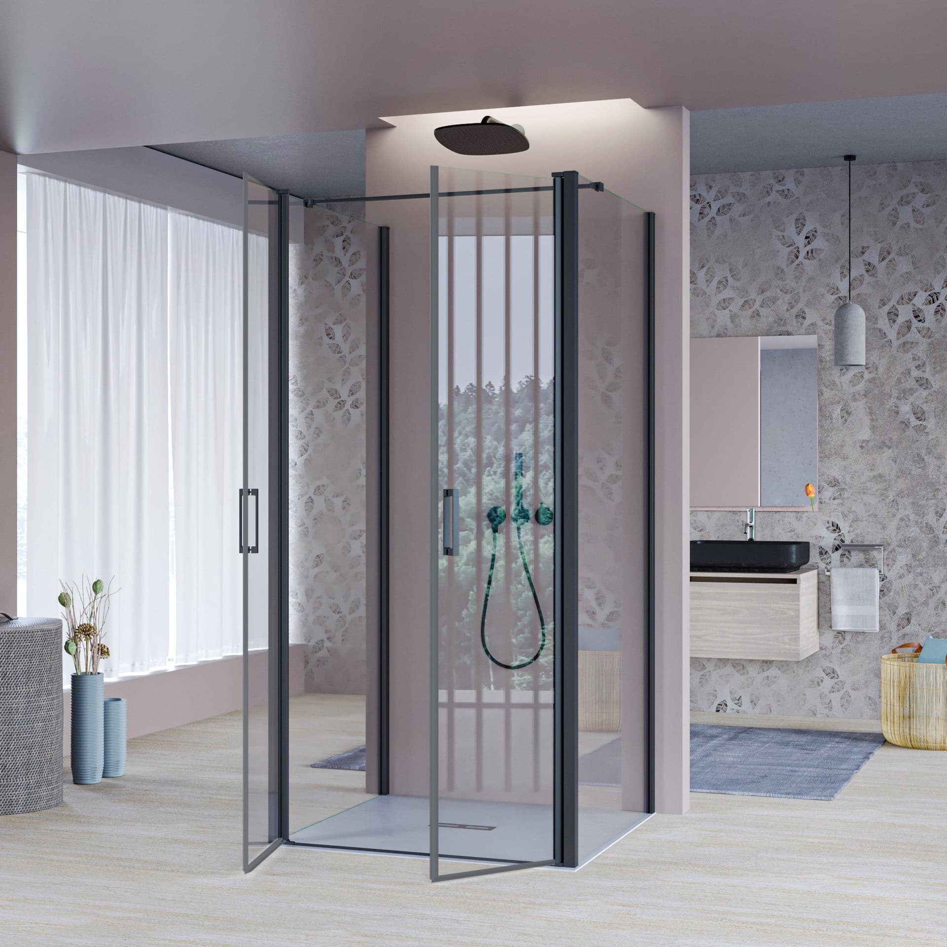 Porta Doccia Saloon cristallo trasparente 6mm H200cm con 2 lati fissi profili nero MYLAS in Porte doccia Mondialshop - Parabiago, commercioVirtuoso.it