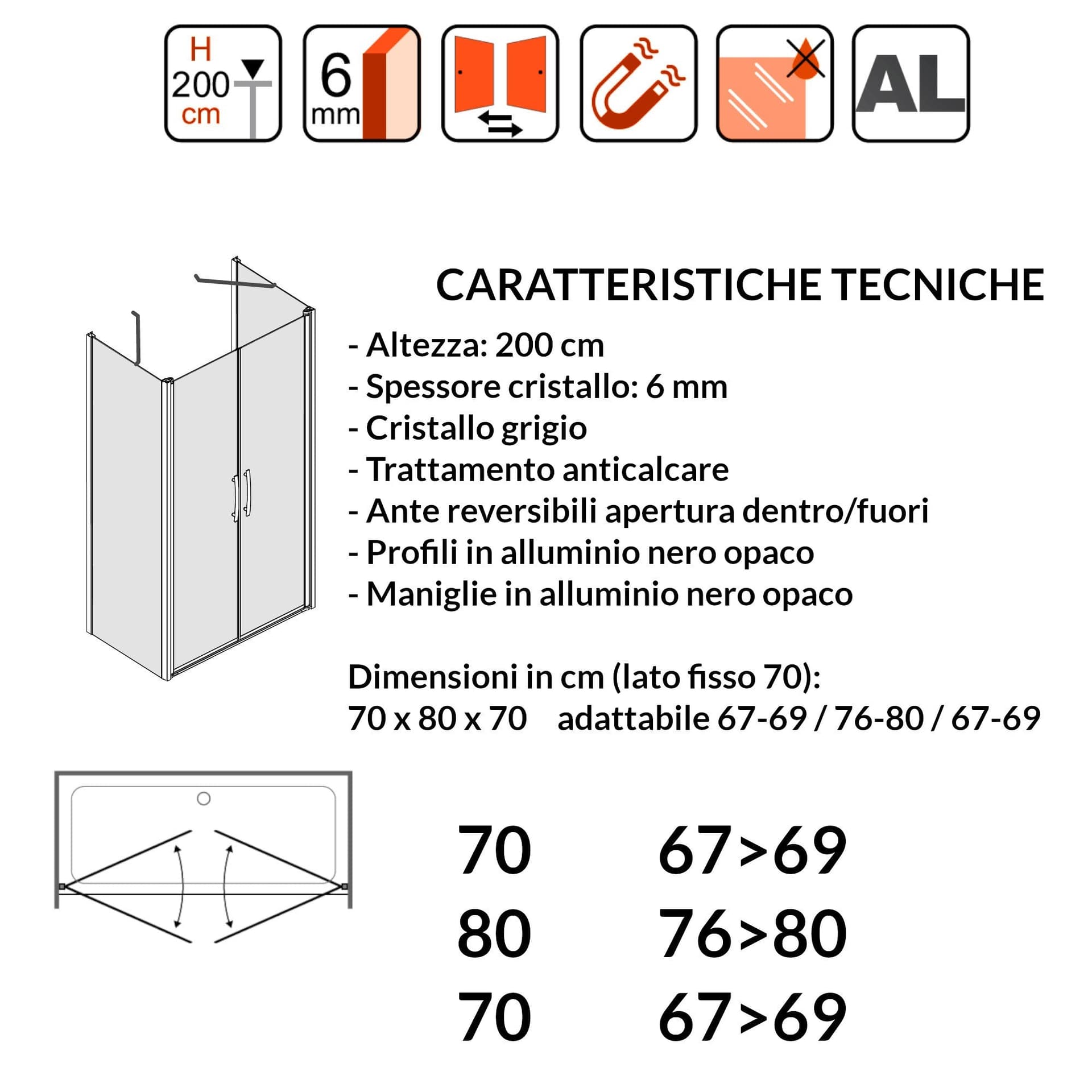 Porta Doccia Saloon cristallo grigio 6mm H200cm con 2 lati fissi profili nero MYLAS in Box doccia Mondialshop - Parabiago, commercioVirtuoso.it