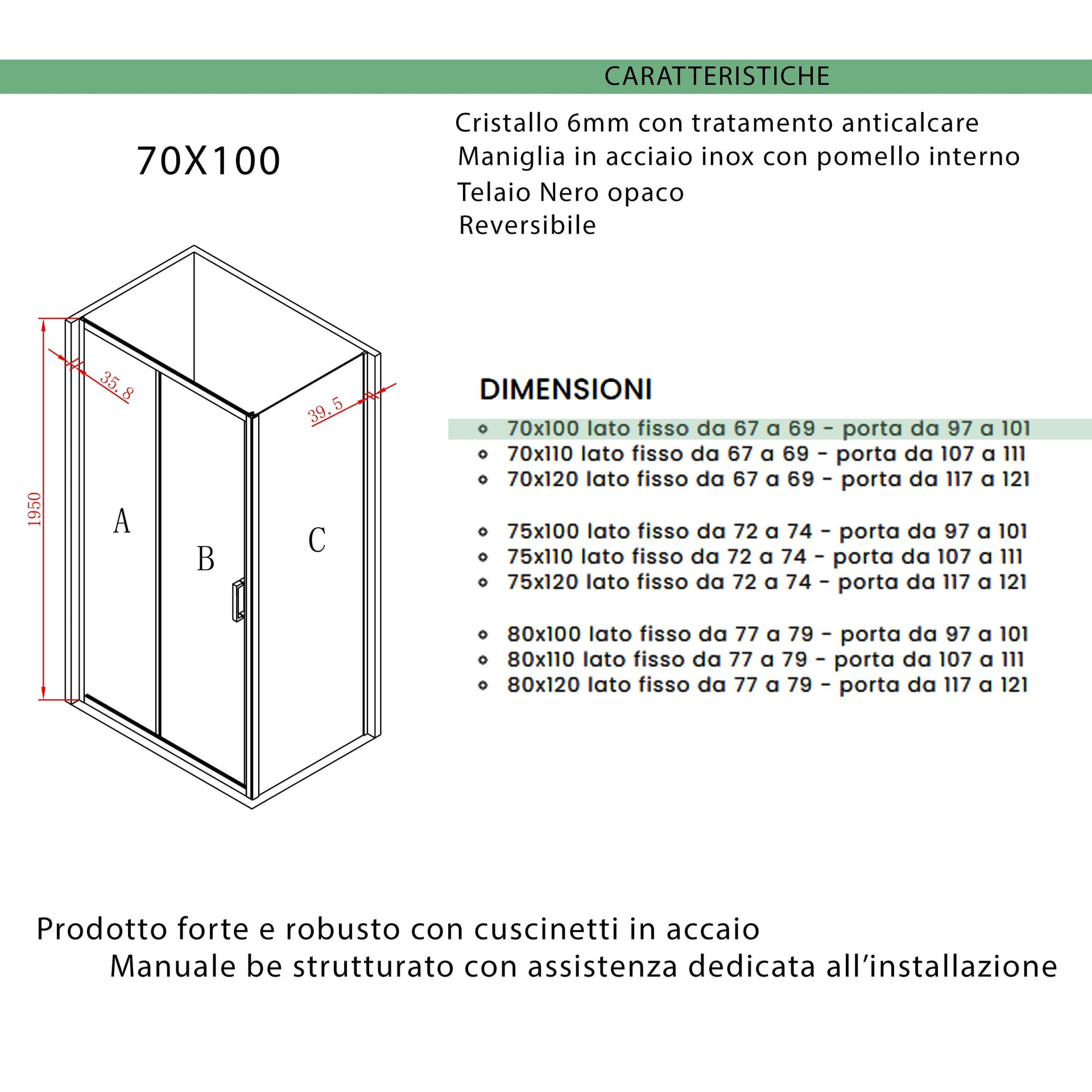 Box doccia tre lati porta scorrevole profili neri H195 6mm AGATA in Box doccia Mondialshop - Parabiago, commercioVirtuoso.it