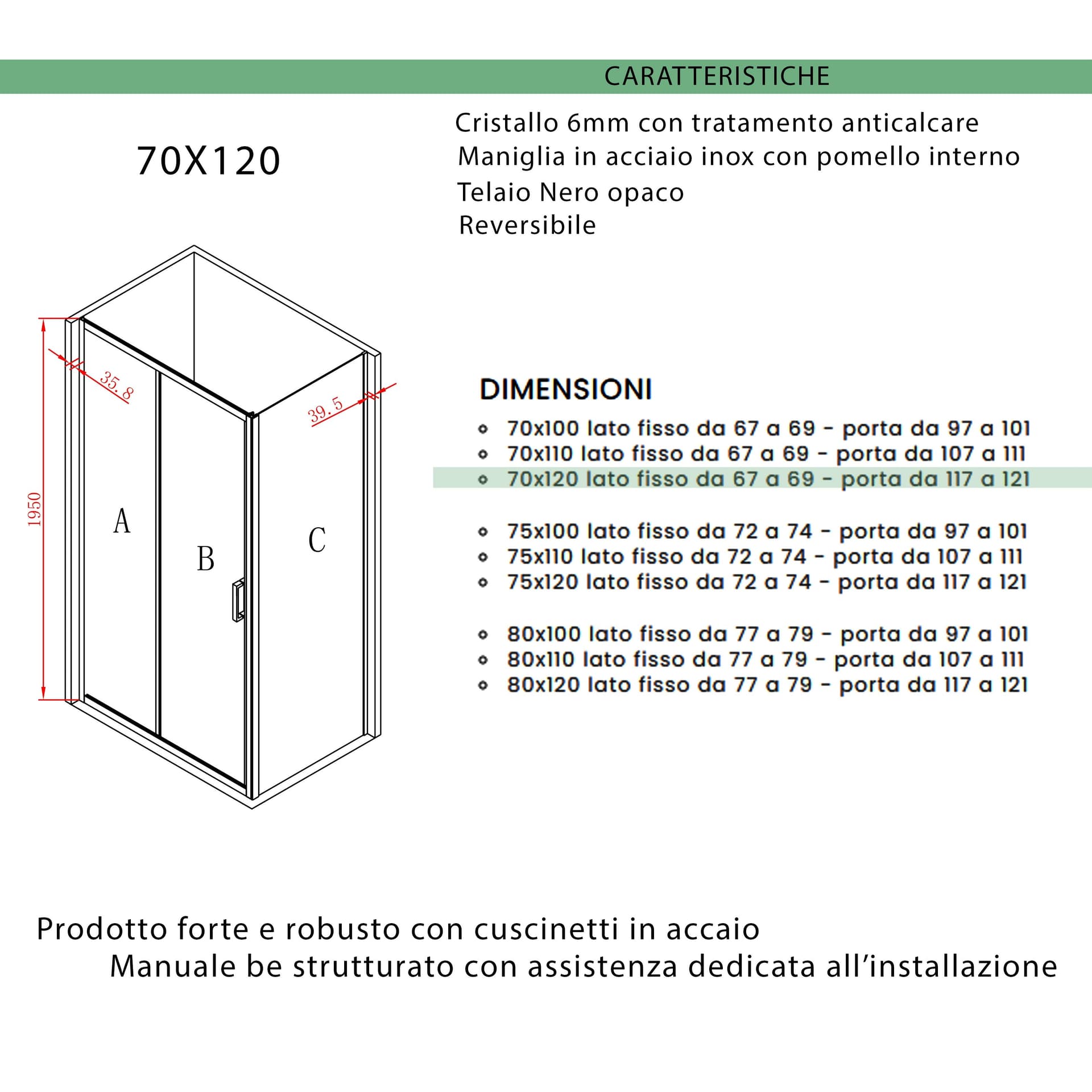 Box doccia tre lati porta scorrevole profili neri H195 6mm AGATA in Box doccia Mondialshop - Parabiago, commercioVirtuoso.it
