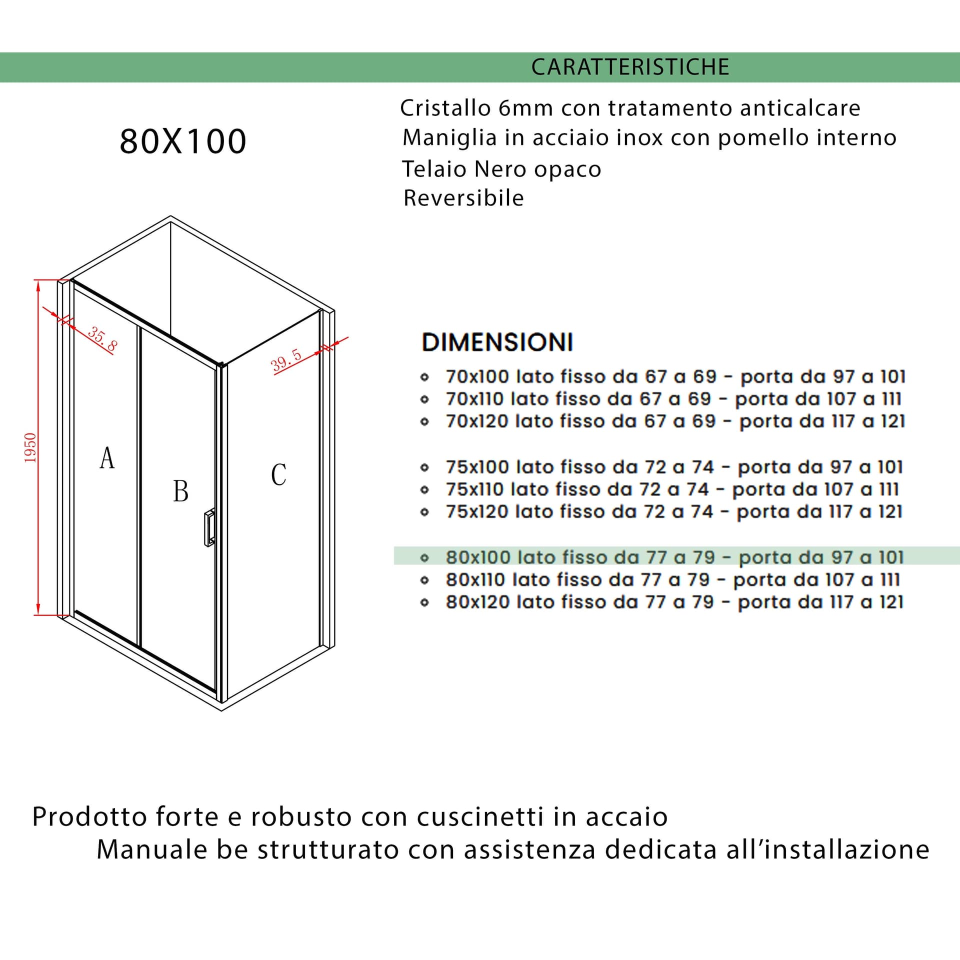Box doccia tre lati porta scorrevole profili neri H195 6mm AGATA in Box doccia Mondialshop - Parabiago, commercioVirtuoso.it