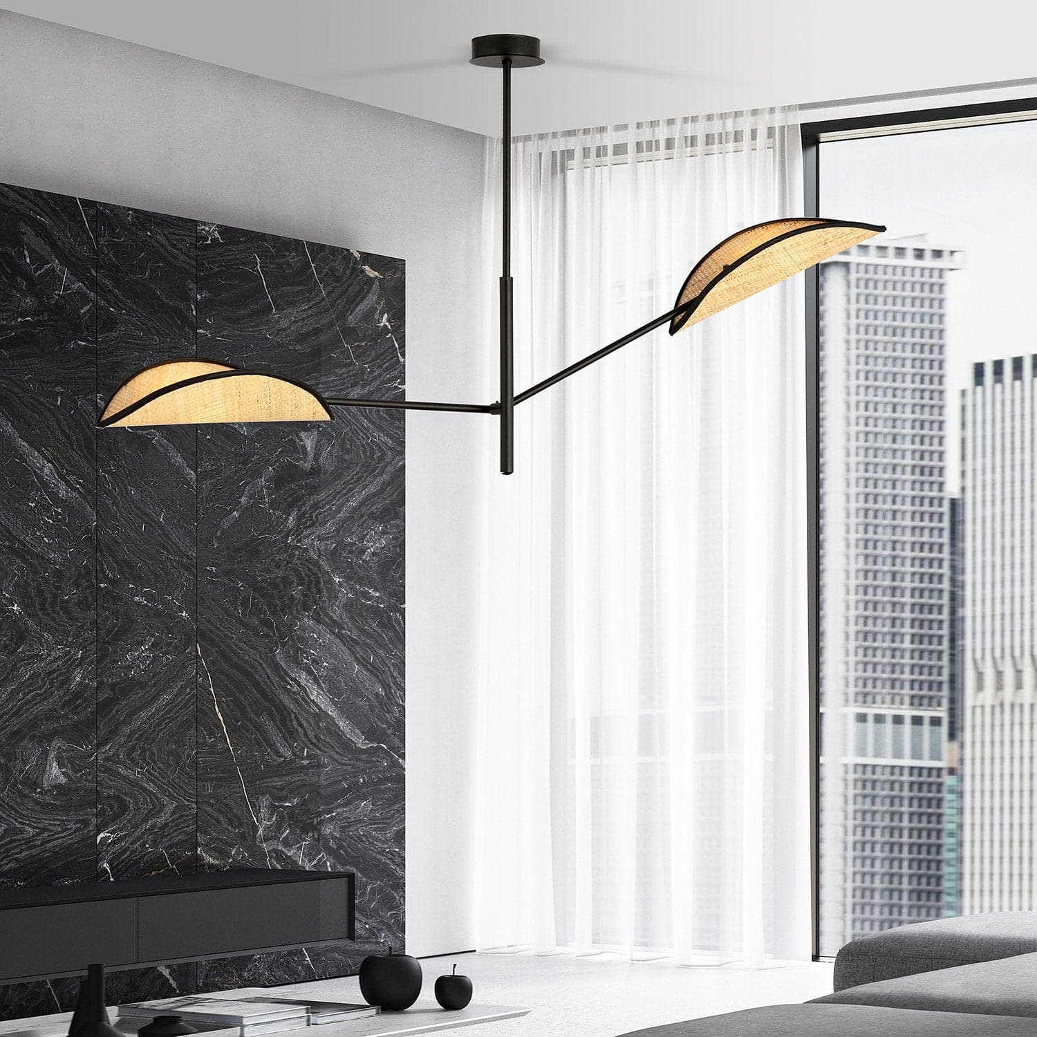 Lampadario 2 Luci Vene In Acciao Nero E Rattan Con Bracci Mobili in Lampade a sospensione LuceArt - Montecorvino Pugliano, commercioVirtuoso.it