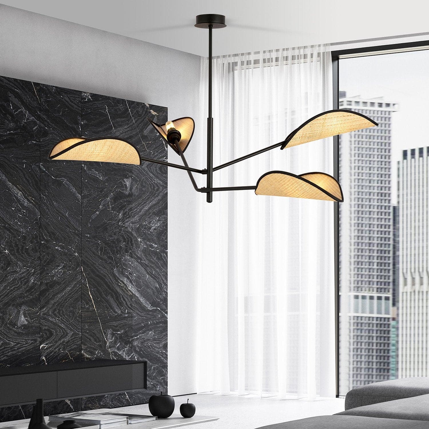 Lampadario 4 Luci Vene In Acciao Nero E Rattan Con Bracci Mobili in Lampade a sospensione LuceArt - Montecorvino Pugliano, commercioVirtuoso.it