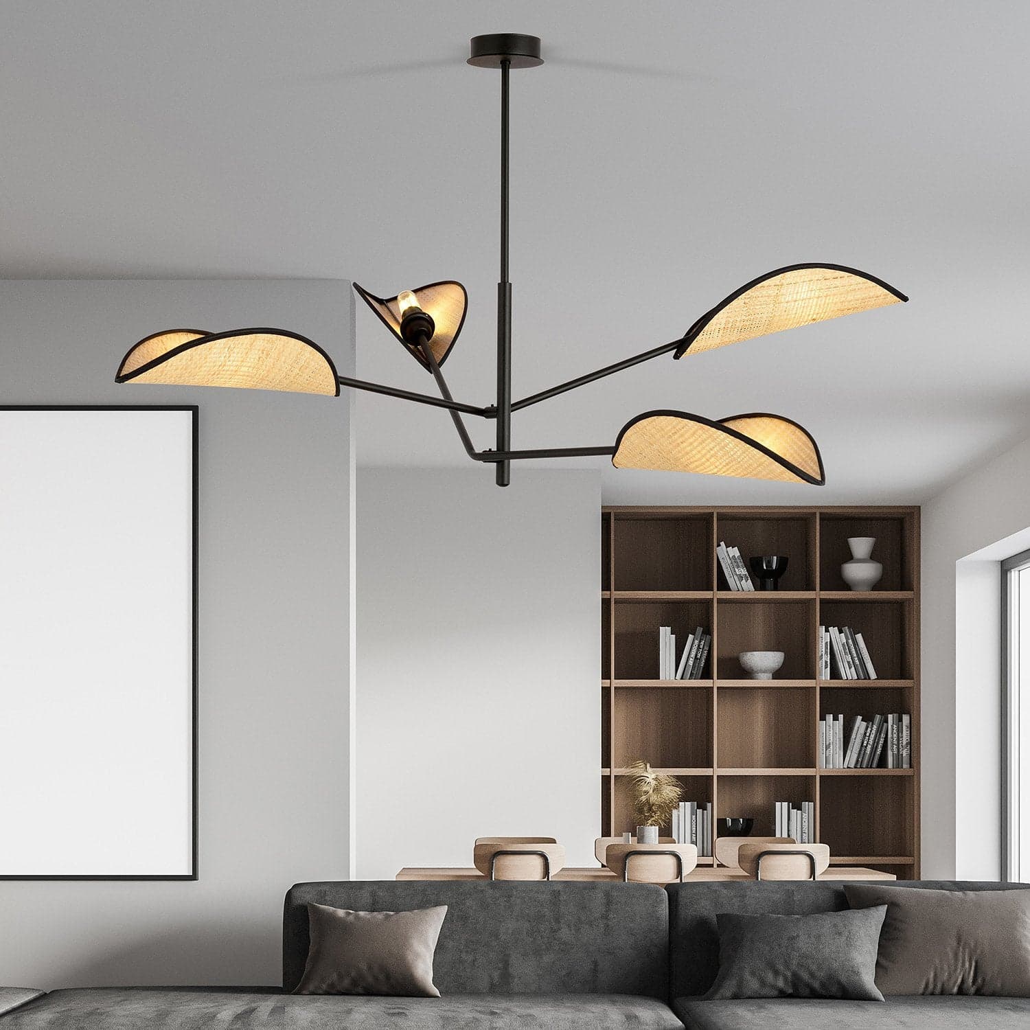 Lampadario 4 Luci Vene In Acciao Nero E Rattan Con Bracci Mobili in Lampade a sospensione LuceArt - Montecorvino Pugliano, commercioVirtuoso.it