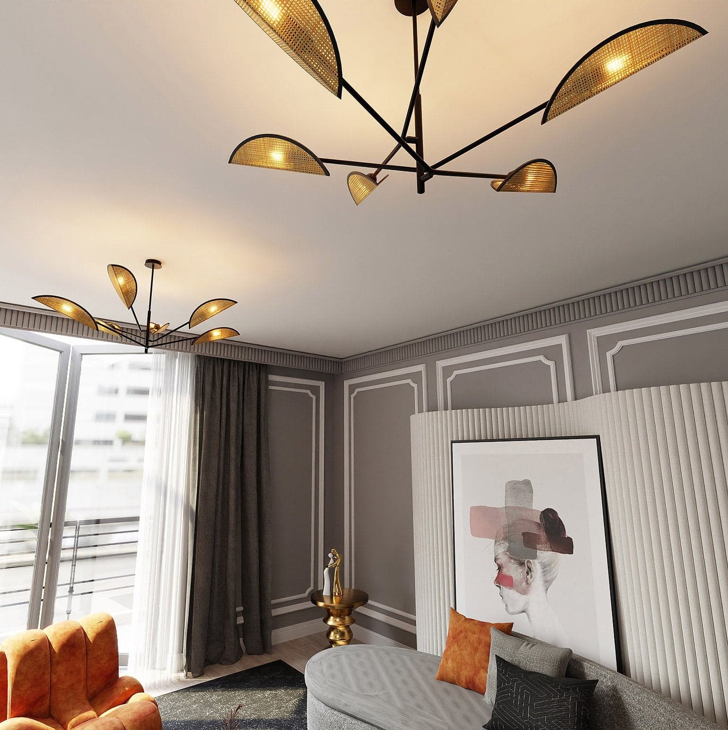 Lampadario 6 Luci Vene In Acciao Nero E Rattan Con Bracci Mobili in Lampade a sospensione LuceArt - Montecorvino Pugliano, commercioVirtuoso.it