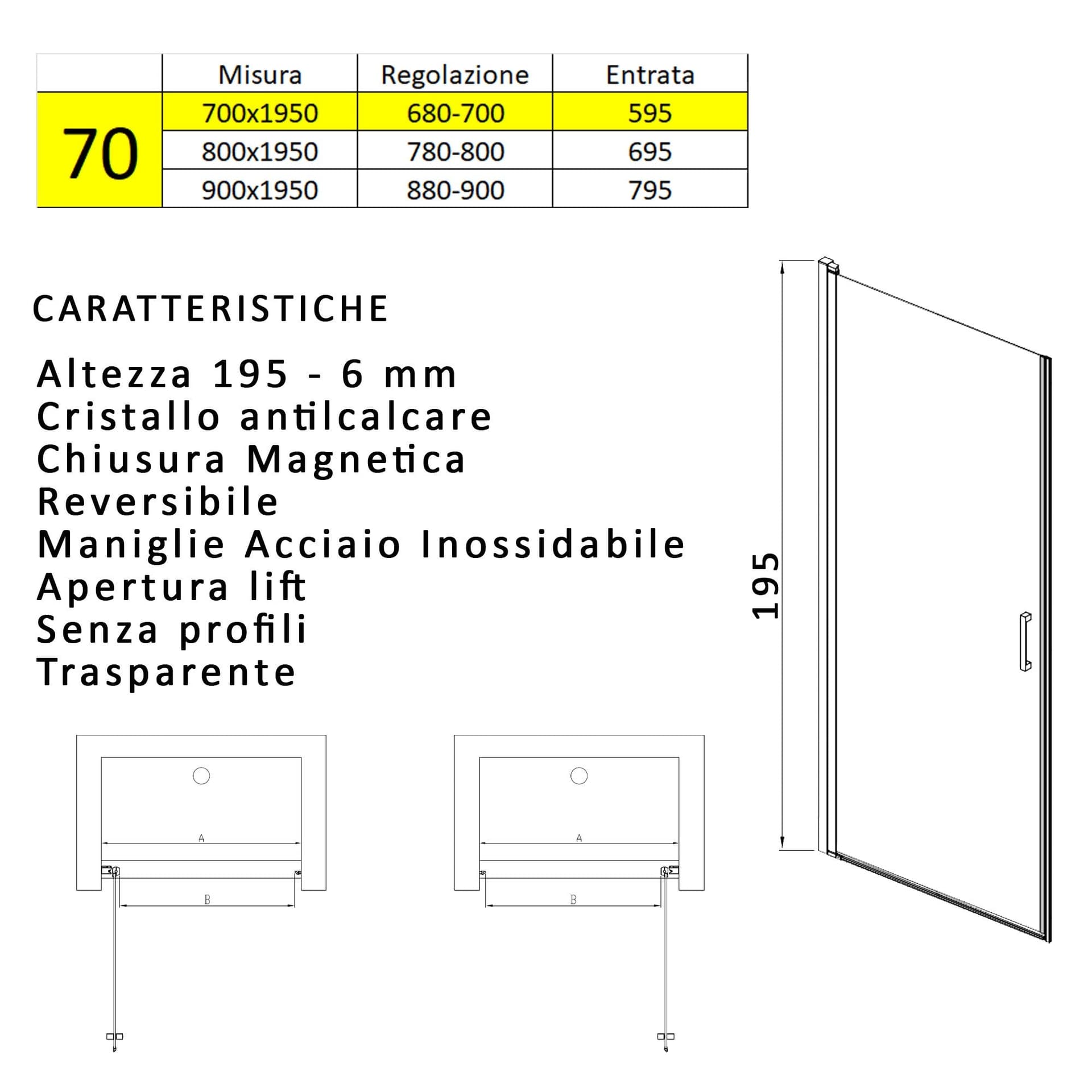 Porta doccia battente nicchia 6mm h195 anticalcare SALEMA in Porte doccia Mondialshop - Parabiago, commercioVirtuoso.it