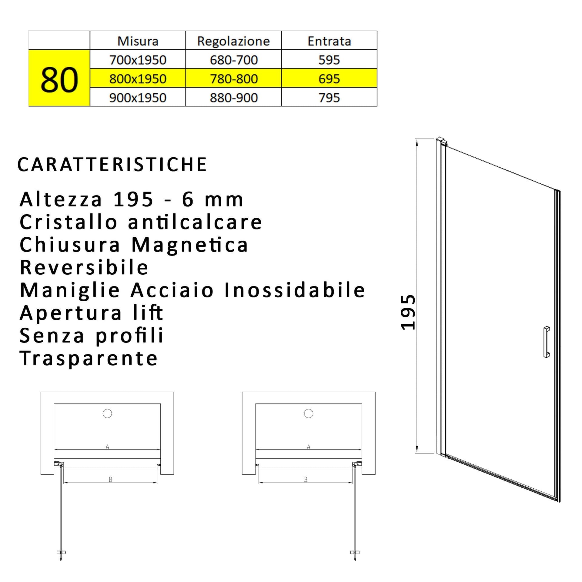 Porta doccia battente nicchia 6mm h195 anticalcare SALEMA in Porte doccia Mondialshop - Parabiago, commercioVirtuoso.it