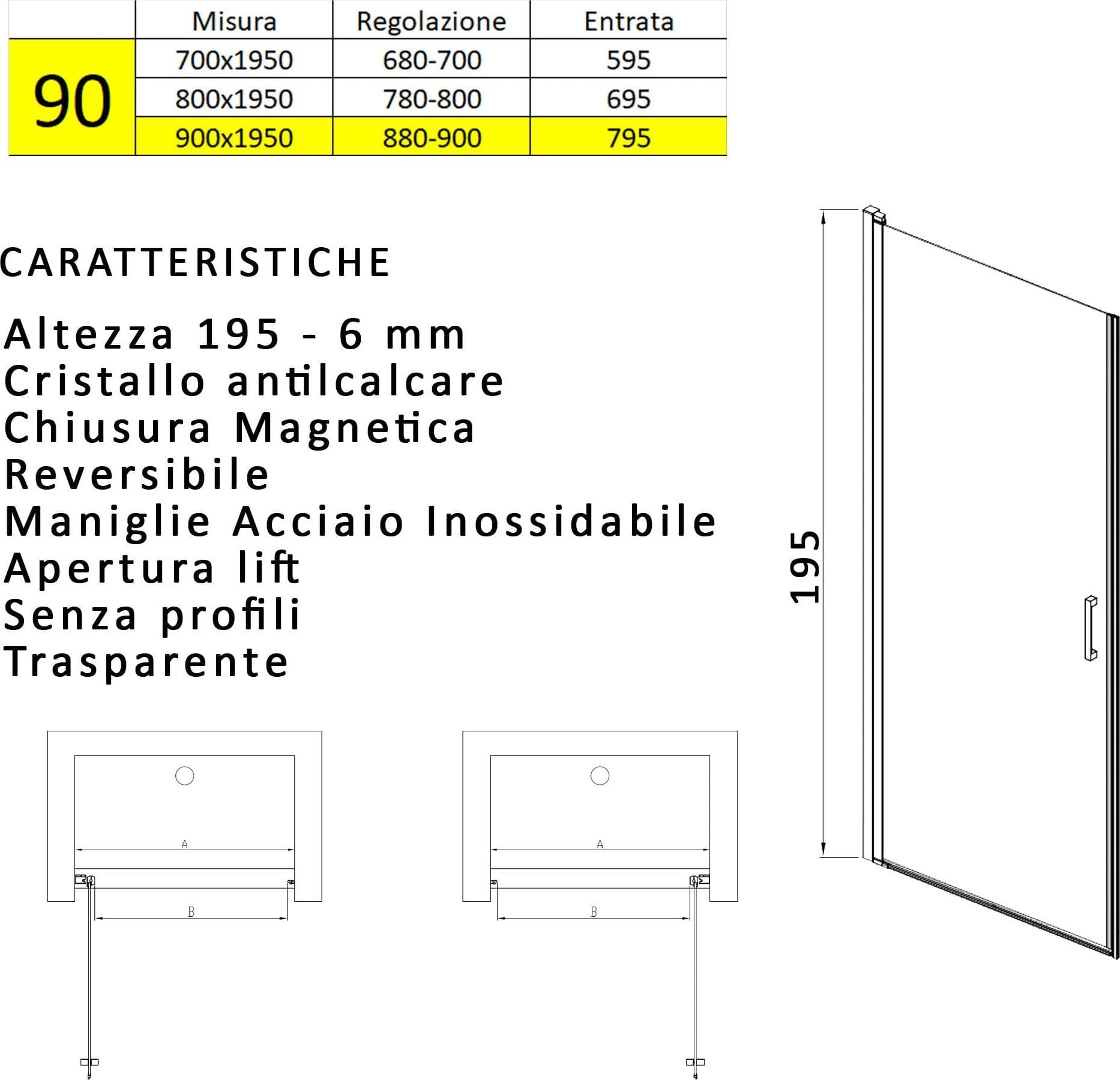 Porta doccia battente nicchia 6mm h195 anticalcare SALEMA in Porte doccia Mondialshop - Parabiago, commercioVirtuoso.it