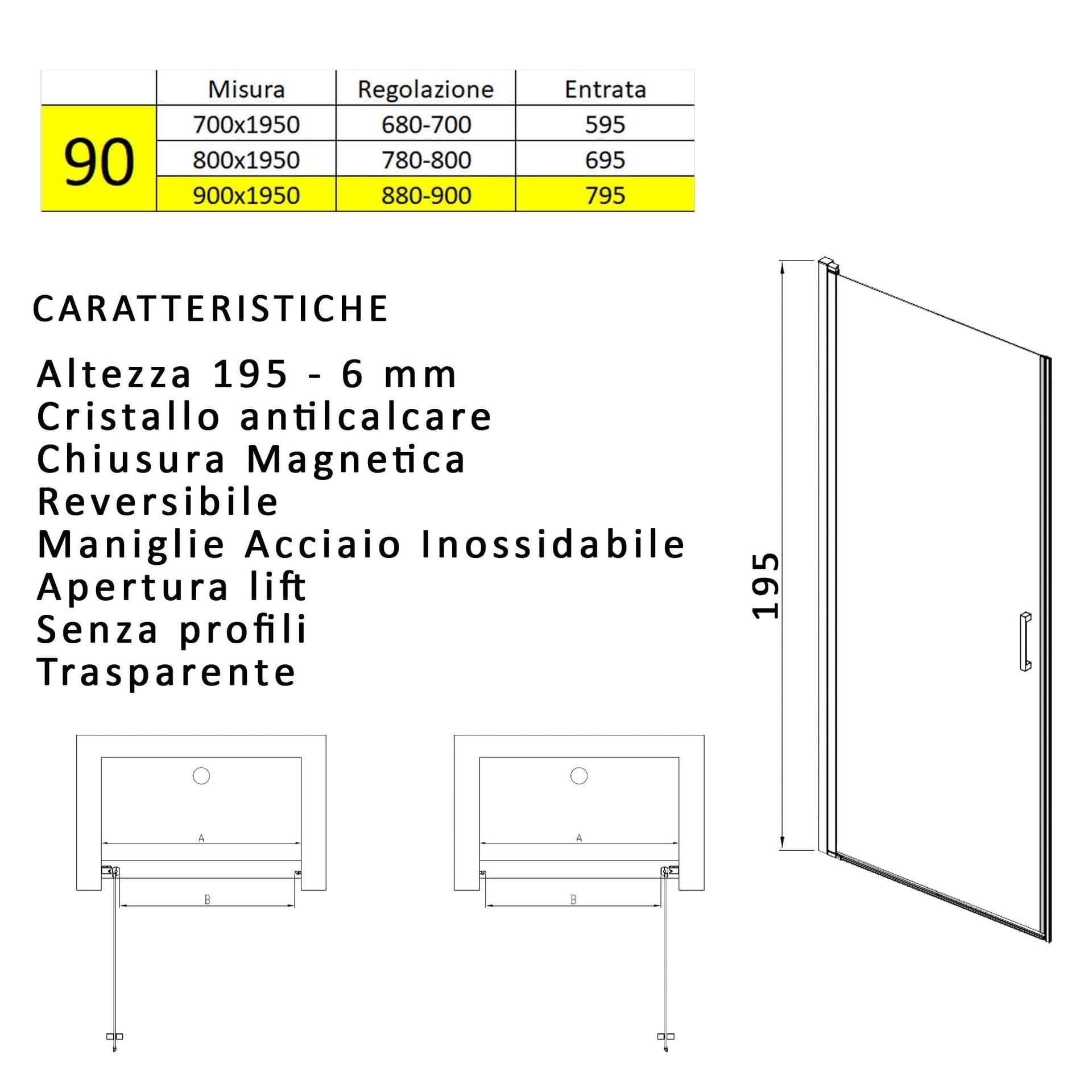 Porta doccia battente nicchia 6mm h195 anticalcare SALEMA in Porte doccia Mondialshop - Parabiago, commercioVirtuoso.it