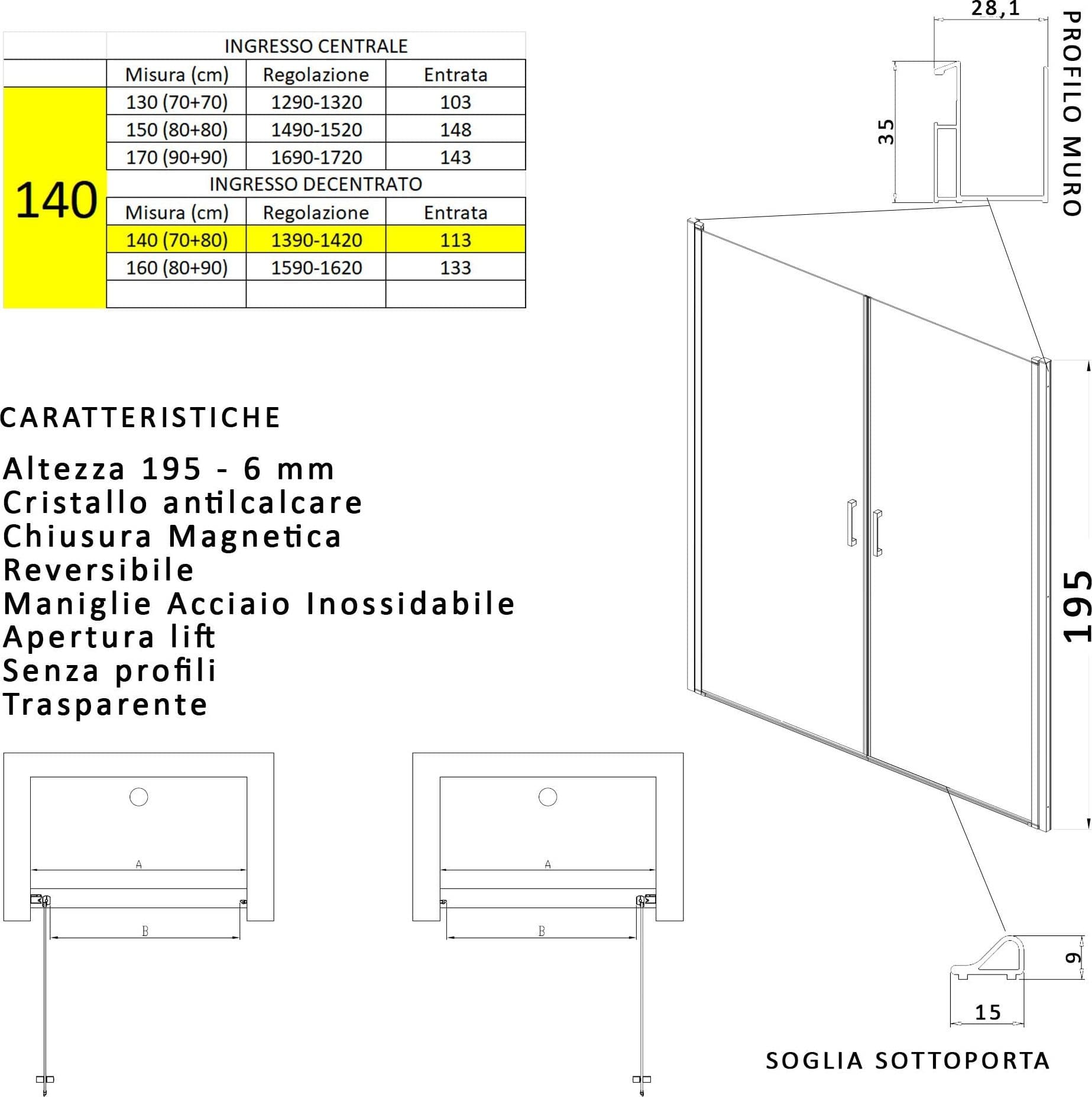 Porta doccia apertura saloon nicchia battente 6 mm h195 anticalcare SALEMA in Porte doccia Mondialshop - Parabiago, commercioVirtuoso.it