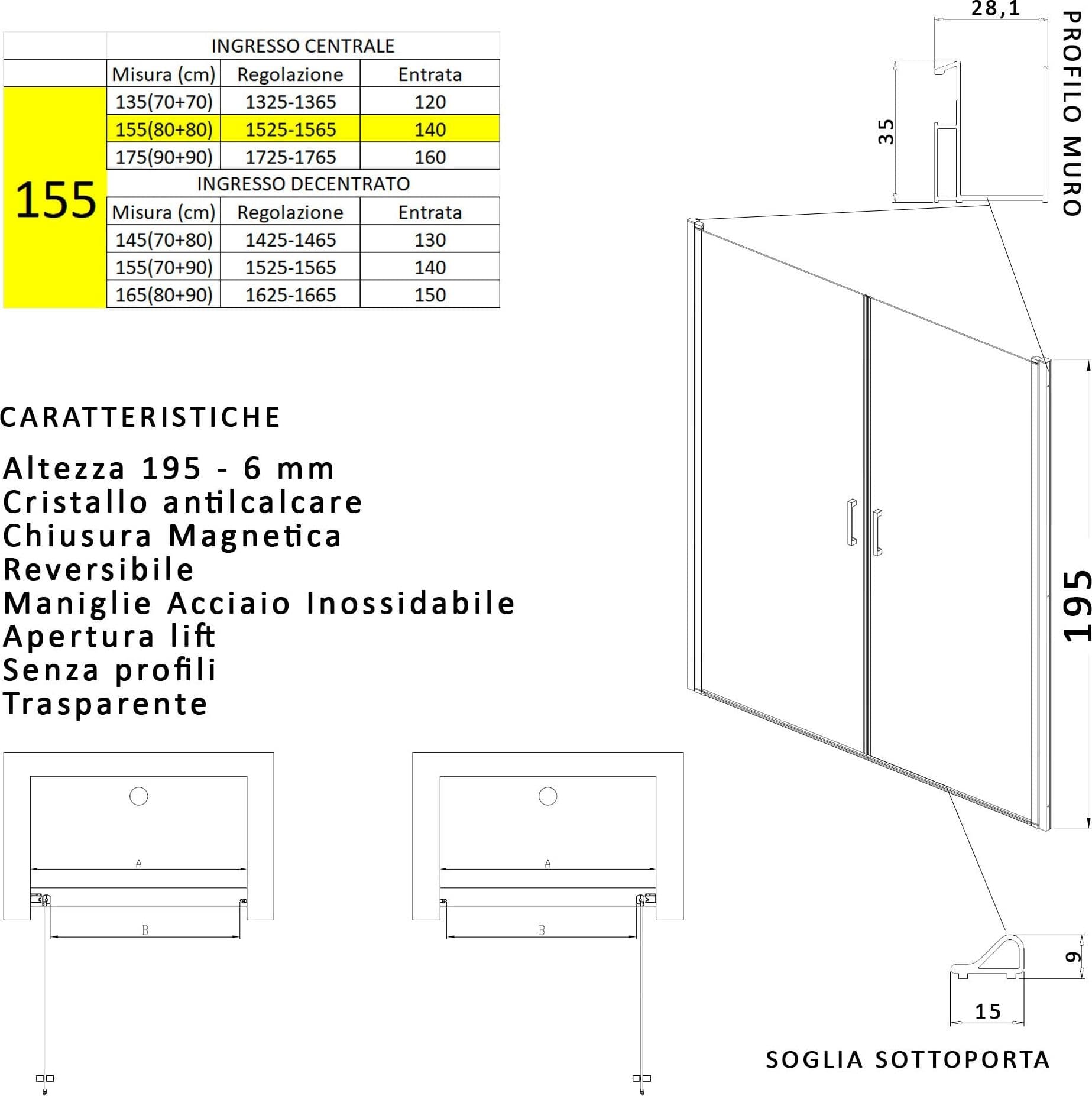 Porta doccia apertura saloon nicchia battente 6 mm h195 anticalcare SALEMA in Porte doccia Mondialshop - Parabiago, commercioVirtuoso.it