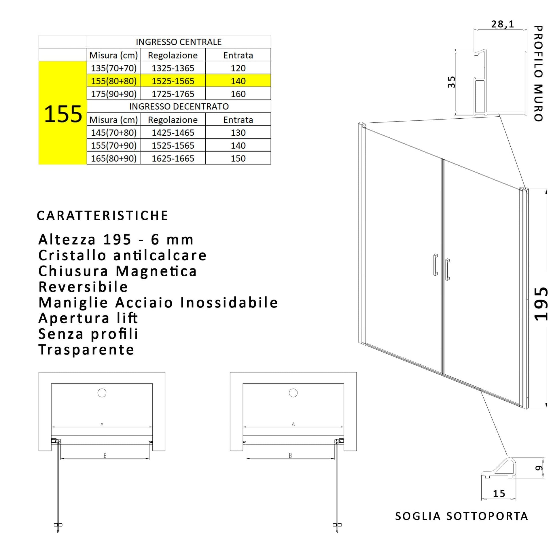 Porta doccia apertura saloon nicchia battente 6 mm h195 anticalcare SALEMA in Porte doccia Mondialshop - Parabiago, commercioVirtuoso.it