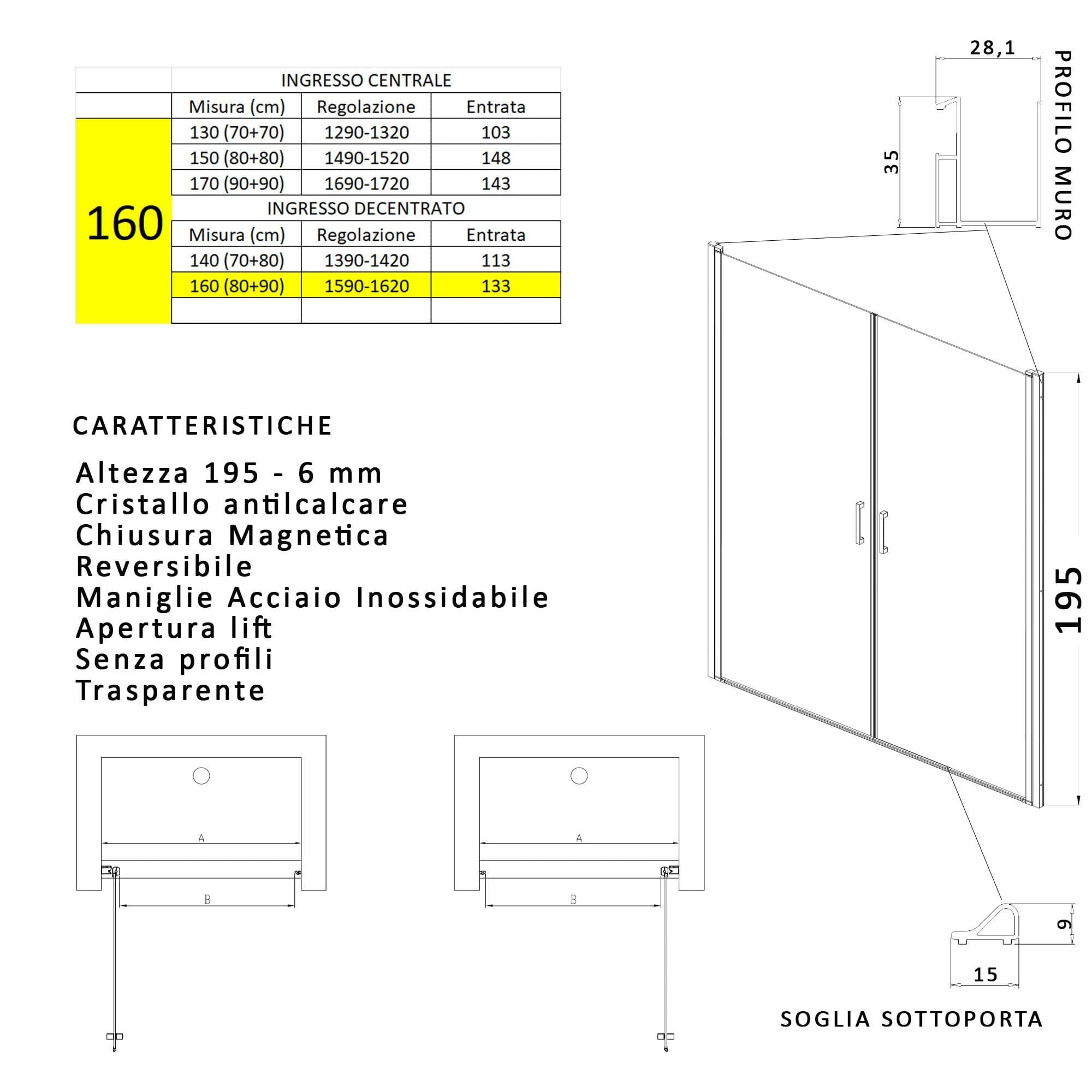 Porta doccia apertura saloon nicchia battente 6 mm h195 anticalcare SALEMA in Porte doccia Mondialshop - Parabiago, commercioVirtuoso.it