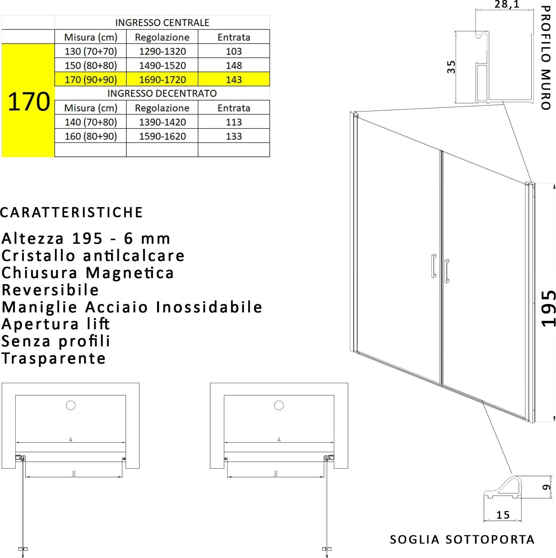 Porta doccia apertura saloon nicchia battente 6 mm h195 anticalcare SALEMA in Porte doccia Mondialshop - Parabiago, commercioVirtuoso.it