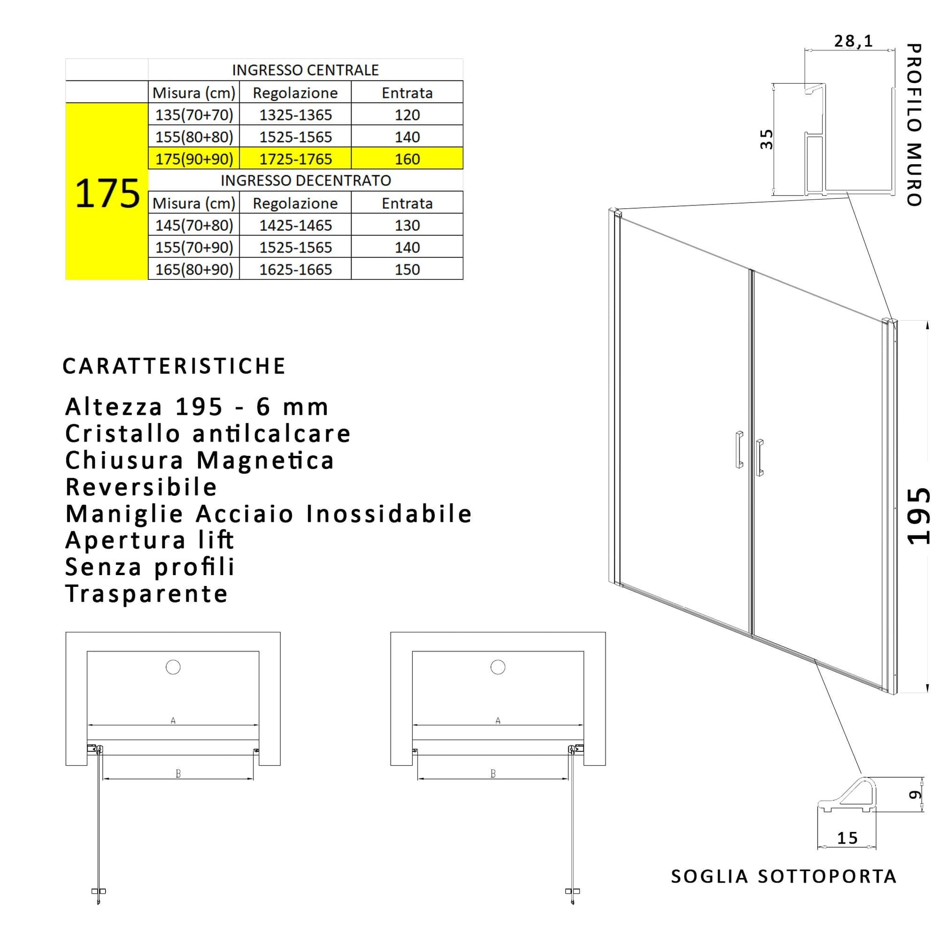 Porta doccia apertura saloon nicchia battente 6 mm h195 anticalcare SALEMA in Porte doccia Mondialshop - Parabiago, commercioVirtuoso.it