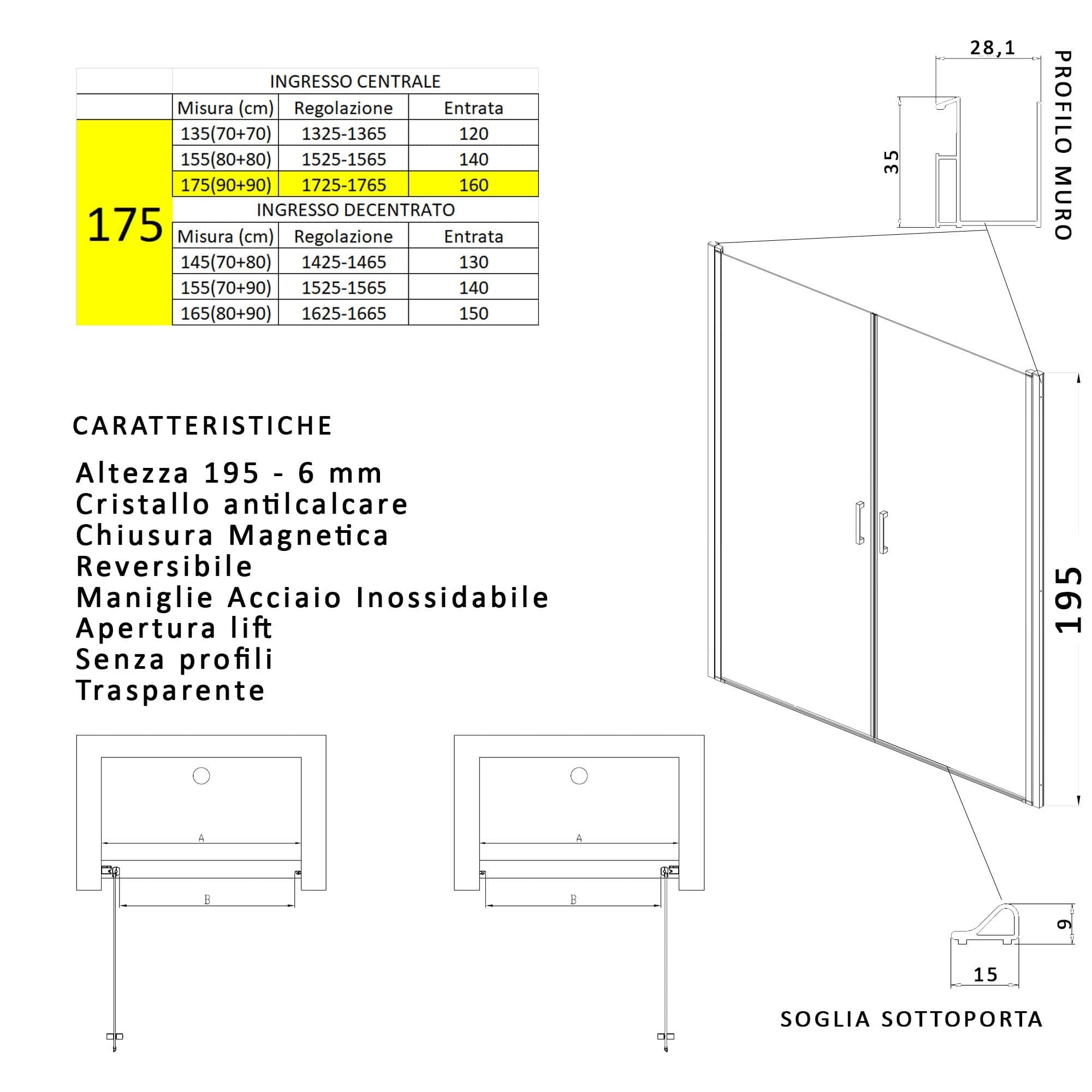 Porta doccia apertura saloon nicchia battente 6 mm h195 anticalcare SALEMA in Porte doccia Mondialshop - Parabiago, commercioVirtuoso.it