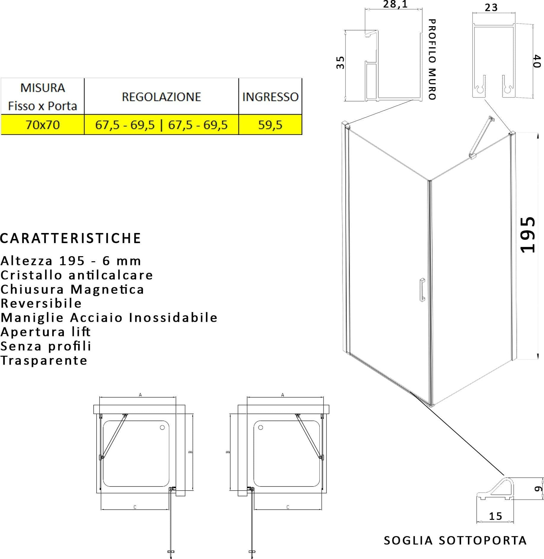 Box doccia angolare con porta battente e lato fisso H195cm 6mm SALEMA in Box doccia Mondialshop - Parabiago, commercioVirtuoso.it