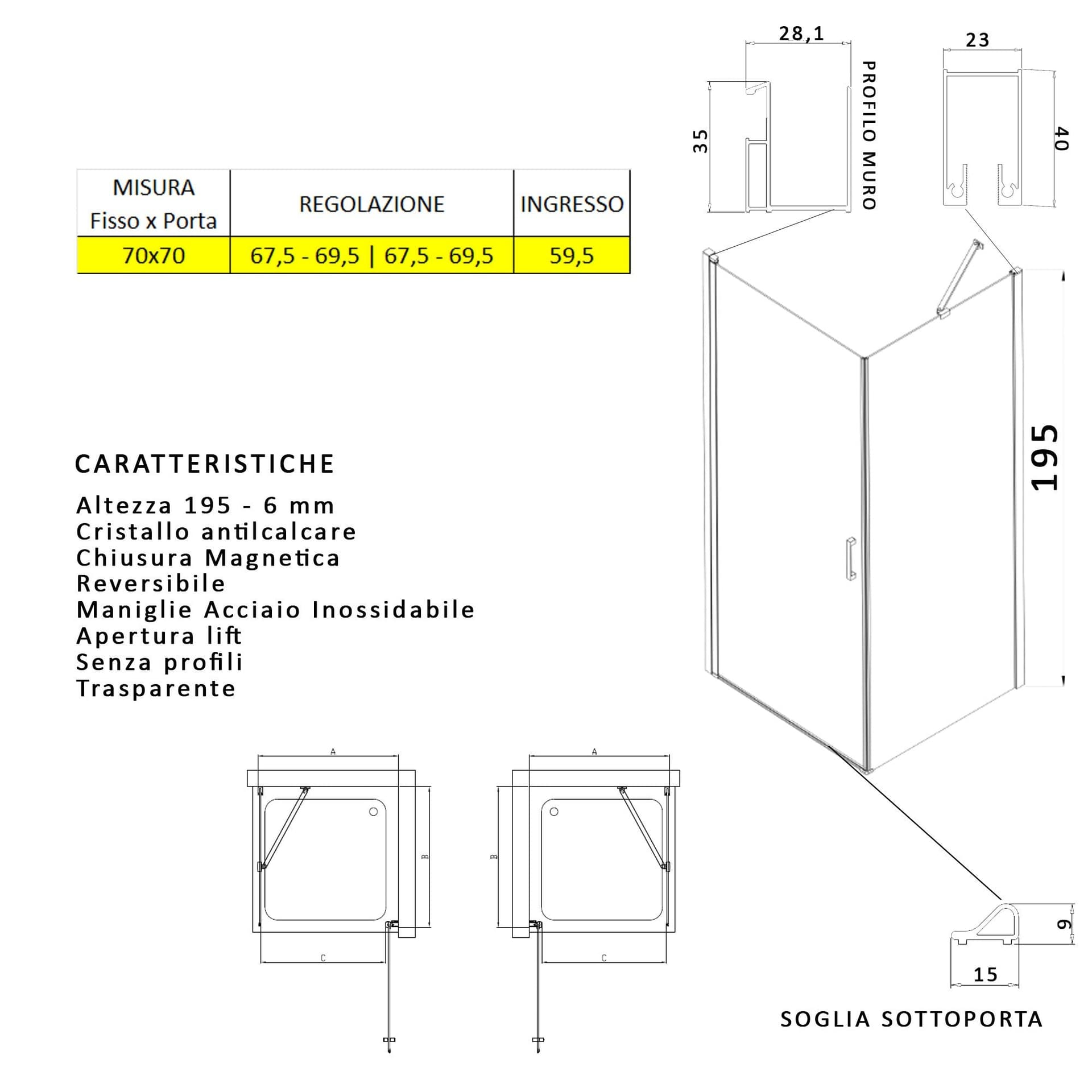 Box doccia angolare con porta battente e lato fisso H195cm 6mm SALEMA in Box doccia Mondialshop - Parabiago, commercioVirtuoso.it