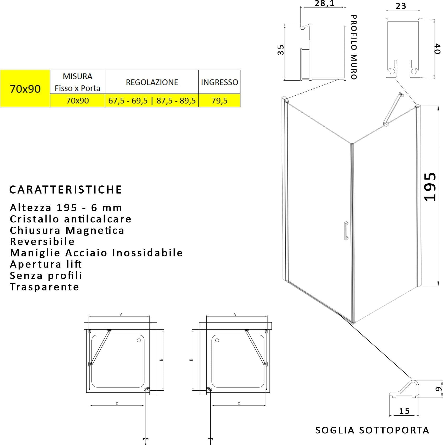 Box doccia angolare con porta battente e lato fisso H195cm 6mm SALEMA in Box doccia Mondialshop - Parabiago, commercioVirtuoso.it