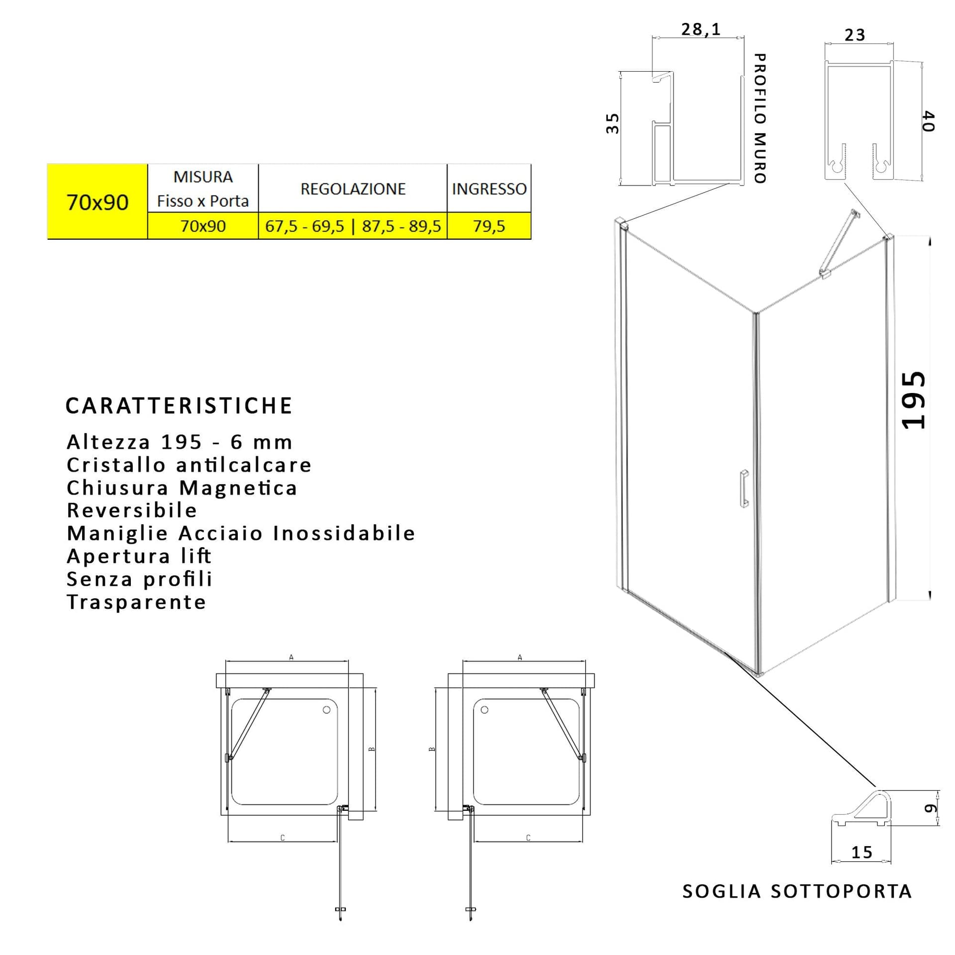 Box doccia angolare con porta battente e lato fisso H195cm 6mm SALEMA in Box doccia Mondialshop - Parabiago, commercioVirtuoso.it