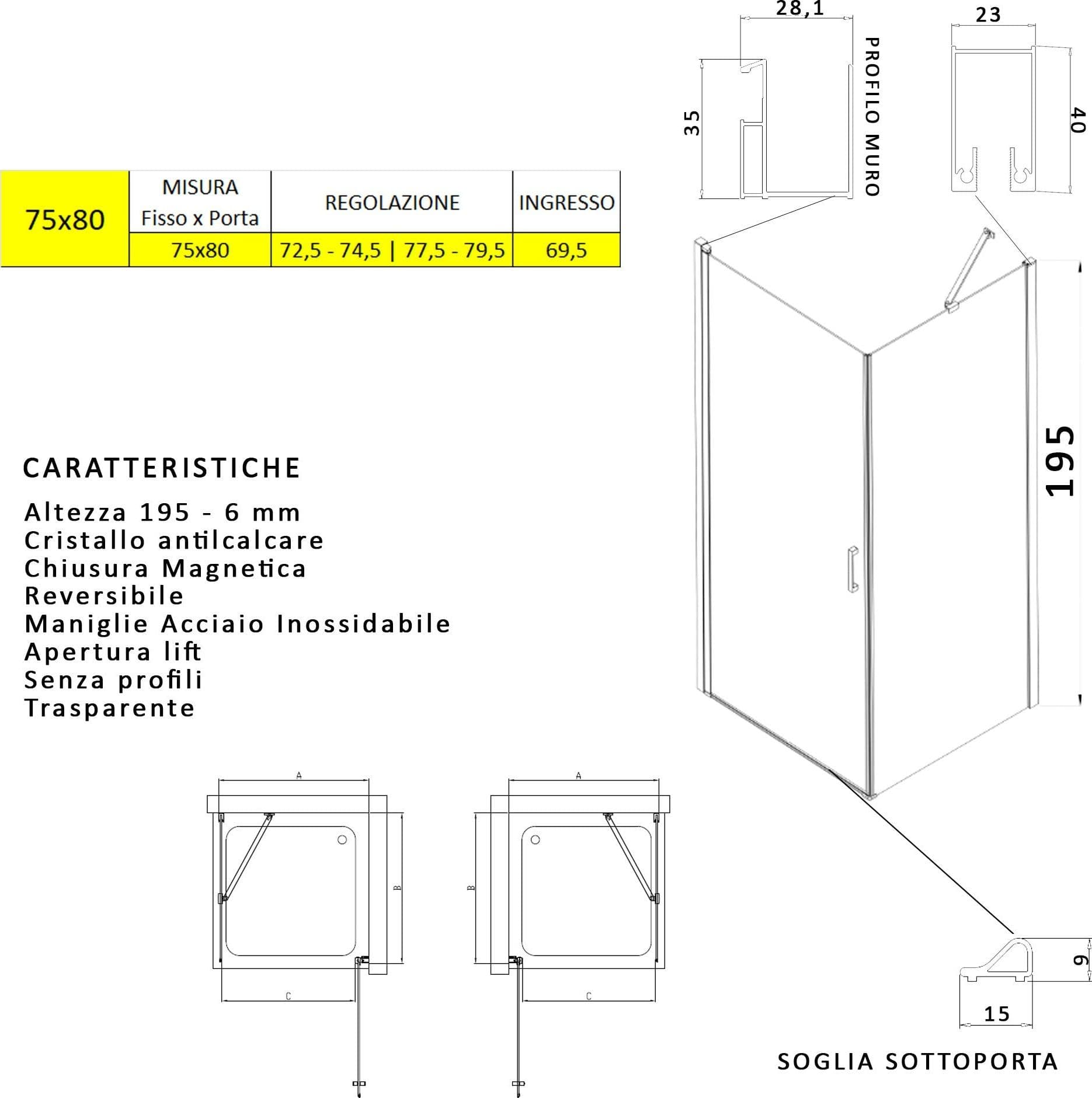 Box doccia angolare con porta battente e lato fisso H195cm 6mm SALEMA in Box doccia Mondialshop - Parabiago, commercioVirtuoso.it