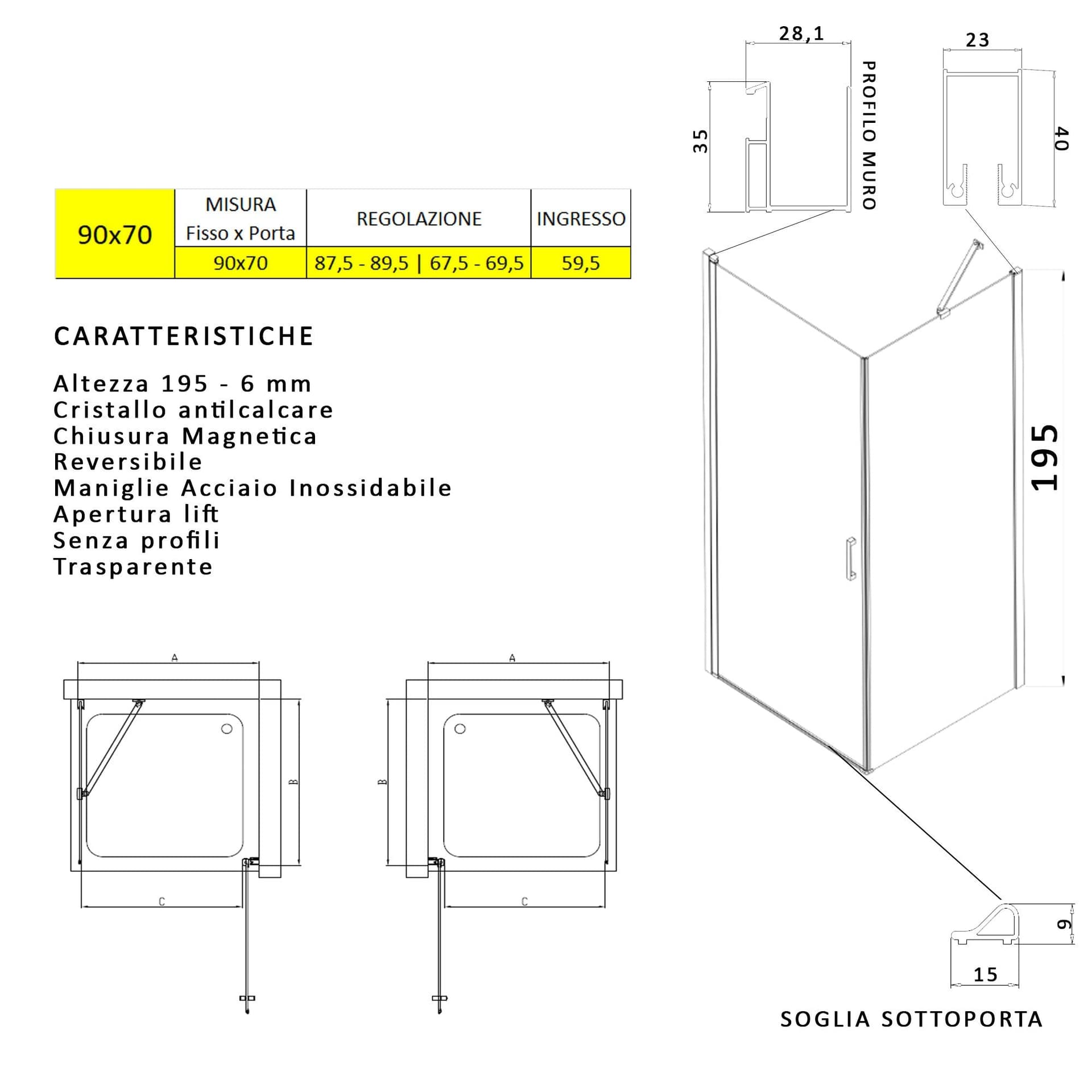 Box doccia angolare con porta battente e lato fisso H195cm 6mm SALEMA in Box doccia Mondialshop - Parabiago, commercioVirtuoso.it