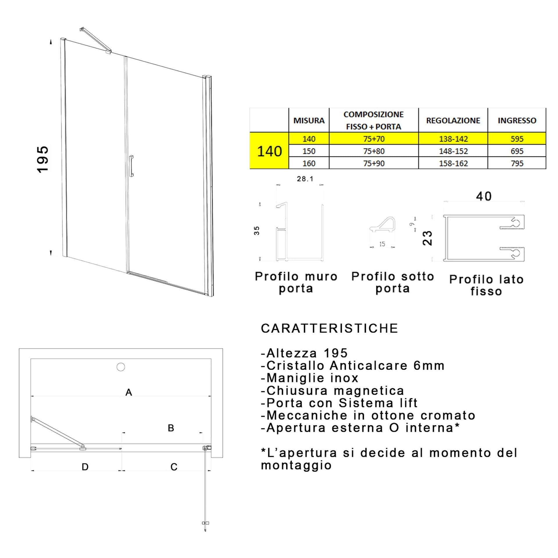 Porta doccia battente 6mm h195 anticalcare SALEMA in Porte doccia Mondialshop - Parabiago, commercioVirtuoso.it