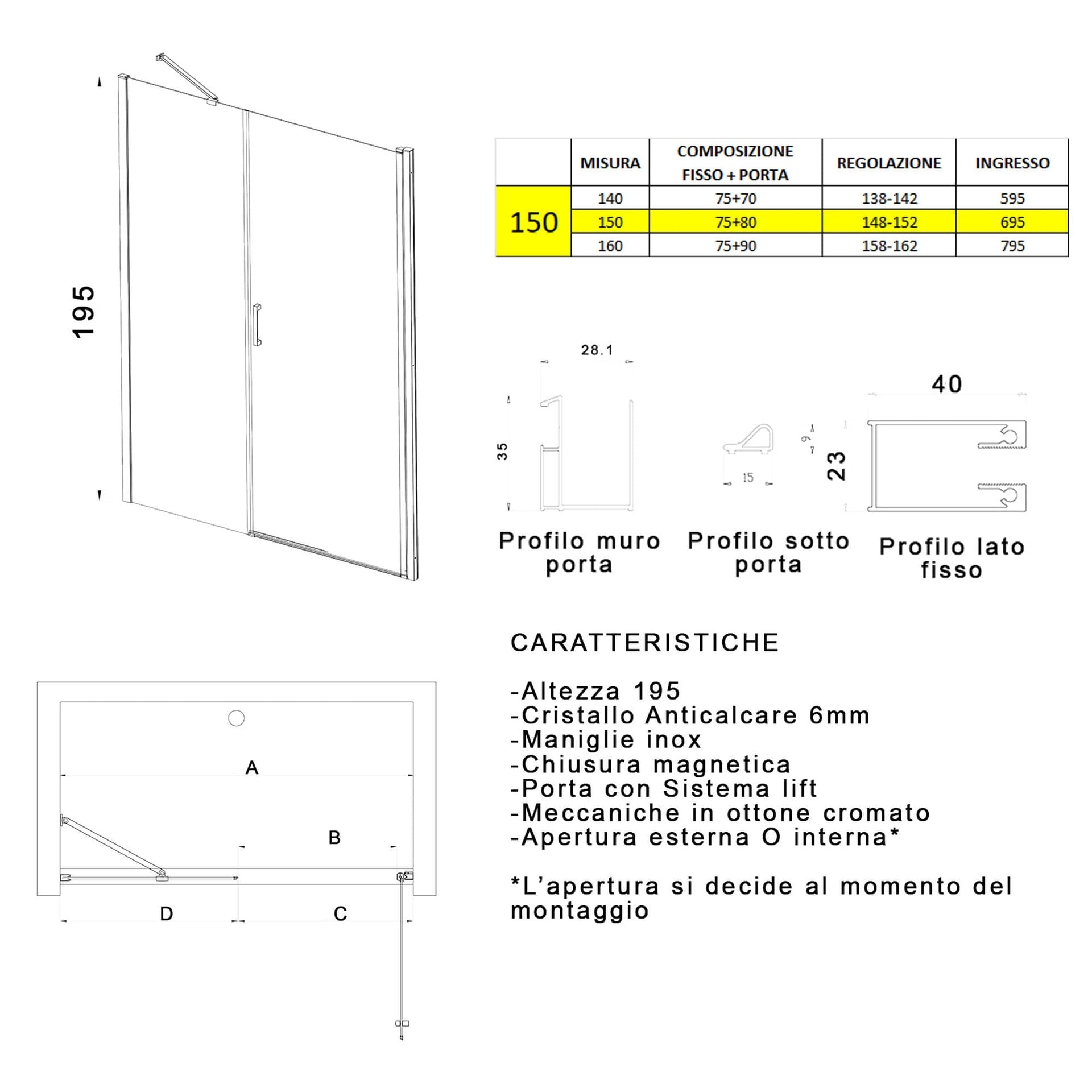 Porta doccia battente 6mm h195 anticalcare SALEMA in Porte doccia Mondialshop - Parabiago, commercioVirtuoso.it