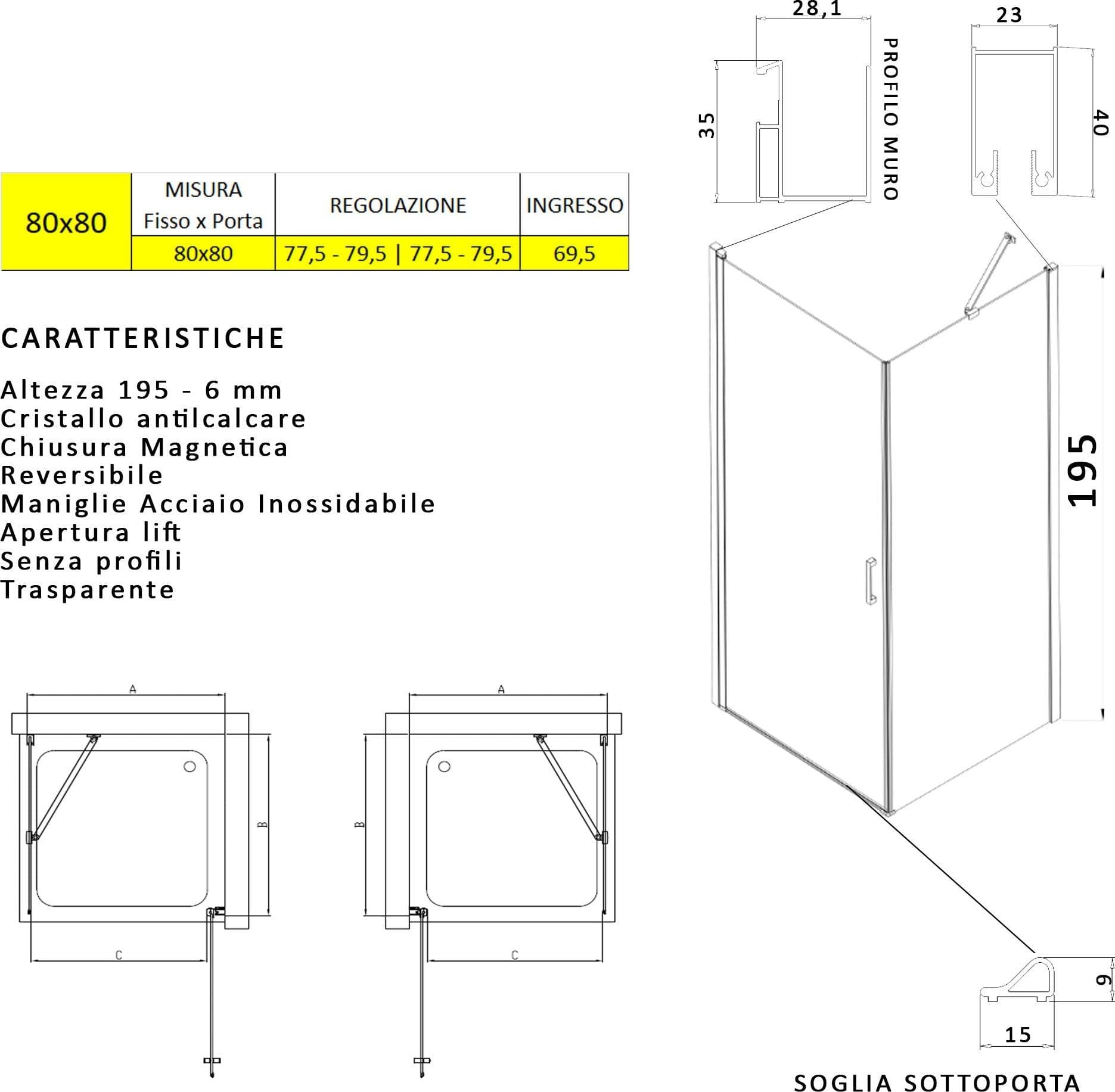 Box doccia angolare con porta battente e lato fisso H195cm 6mm SALEMA in Box doccia Mondialshop - Parabiago, commercioVirtuoso.it