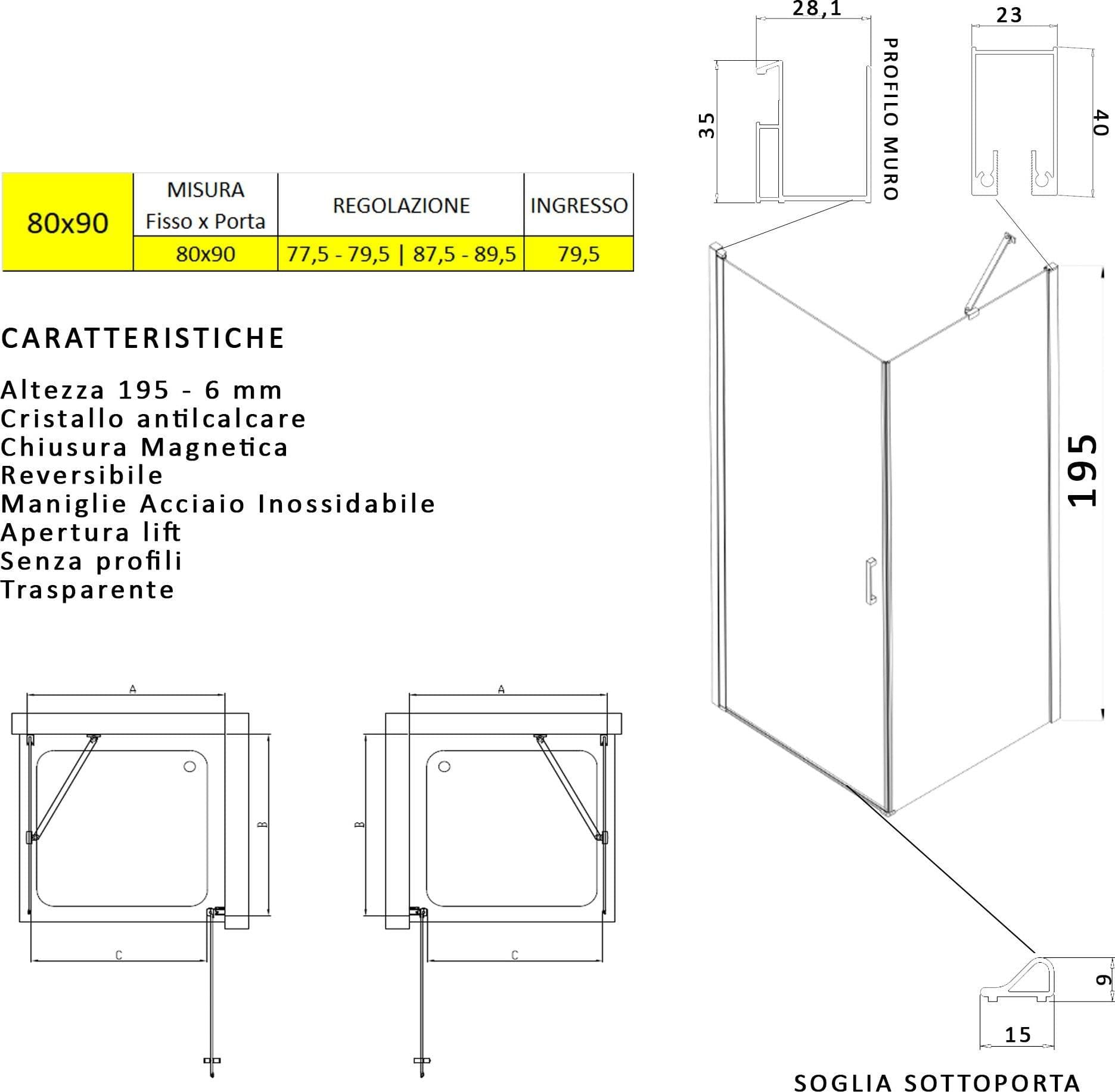 Box doccia angolare con porta battente e lato fisso H195cm 6mm SALEMA in Box doccia Mondialshop - Parabiago, commercioVirtuoso.it