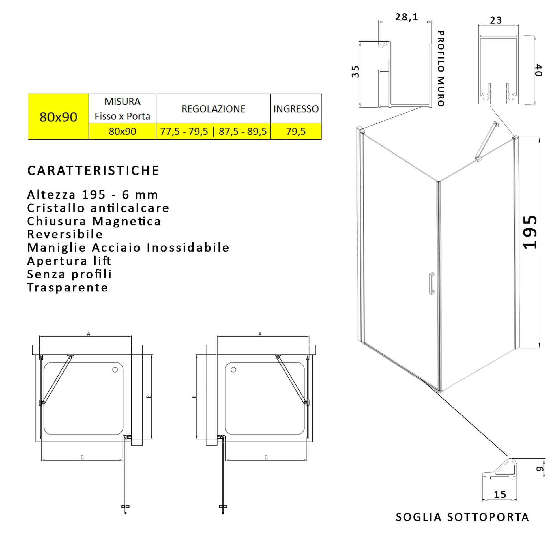Box doccia angolare con porta battente e lato fisso H195cm 6mm SALEMA in Box doccia Mondialshop - Parabiago, commercioVirtuoso.it