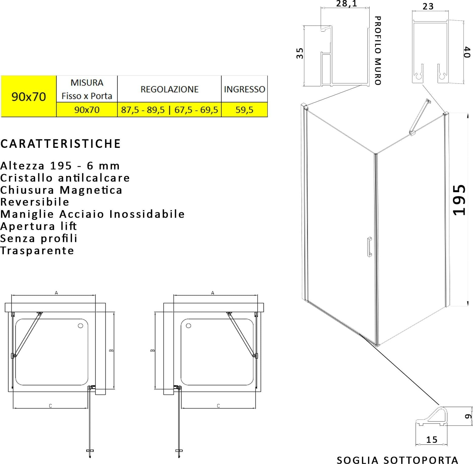 Box doccia angolare con porta battente e lato fisso H195cm 6mm SALEMA in Box doccia Mondialshop - Parabiago, commercioVirtuoso.it