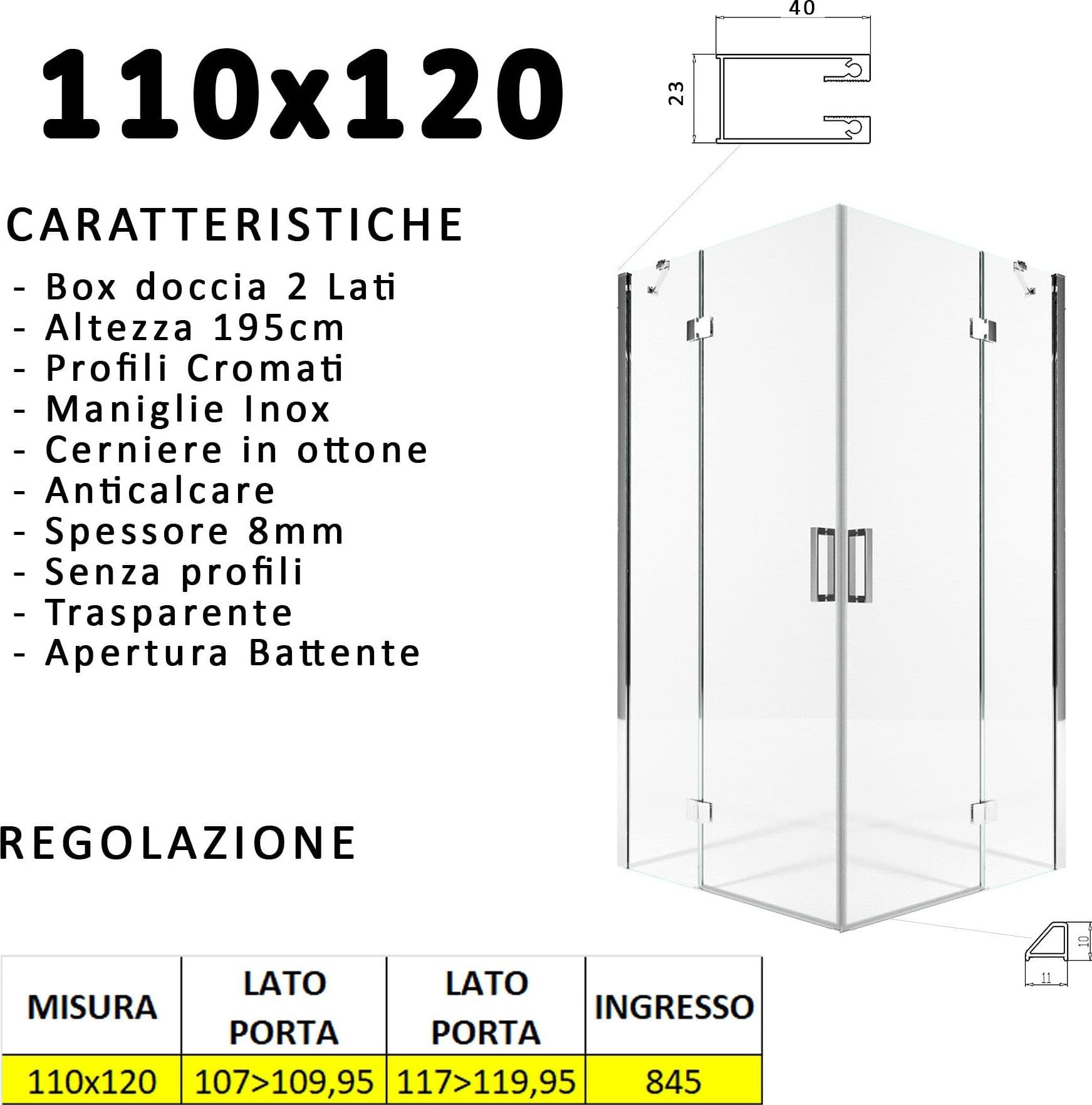 Box doccia due lati battenti 8 mm h195 anticalcare REGINA in Box doccia Mondialshop - Parabiago, commercioVirtuoso.it