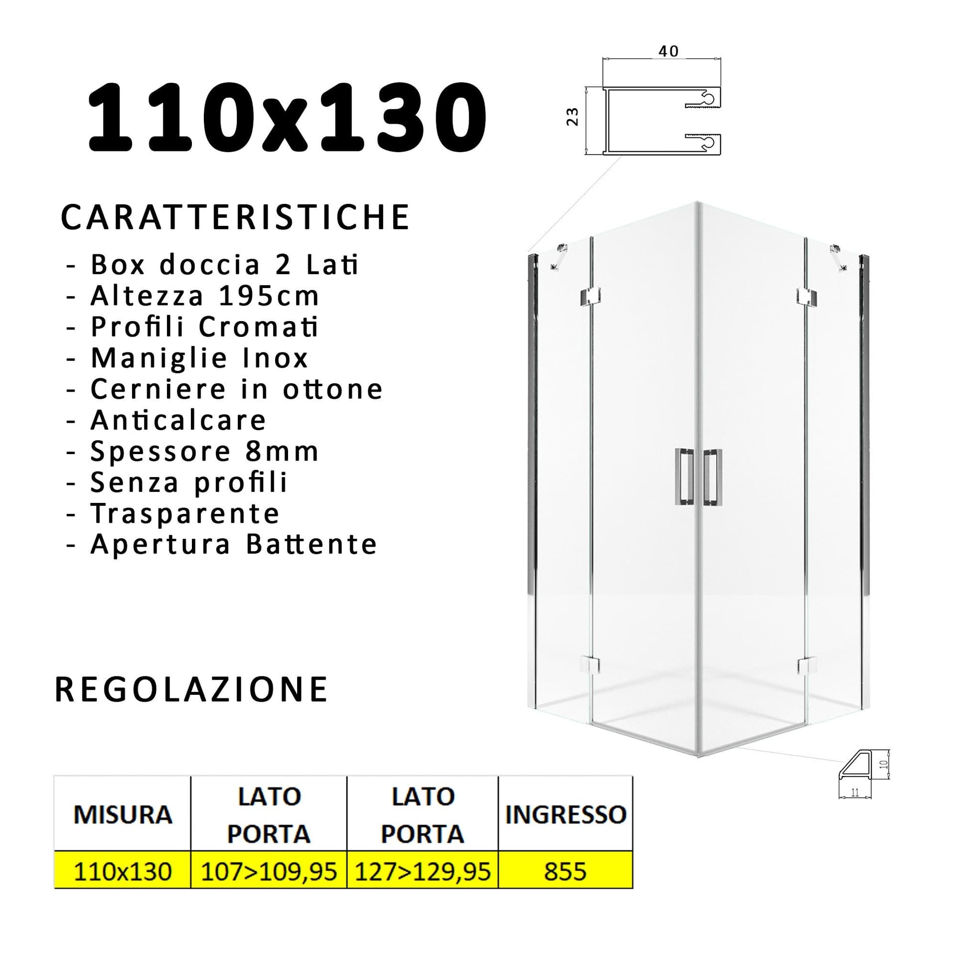 Box doccia due lati battenti 8 mm h195 anticalcare REGINA in Box doccia Mondialshop - Parabiago, commercioVirtuoso.it