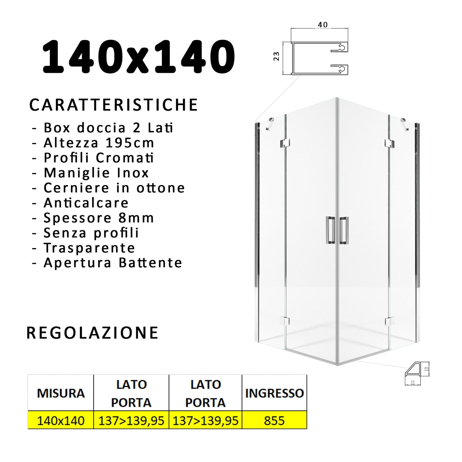 Box doccia due lati battenti 8 mm h195 anticalcare REGINA in Box doccia Mondialshop - Parabiago, commercioVirtuoso.it