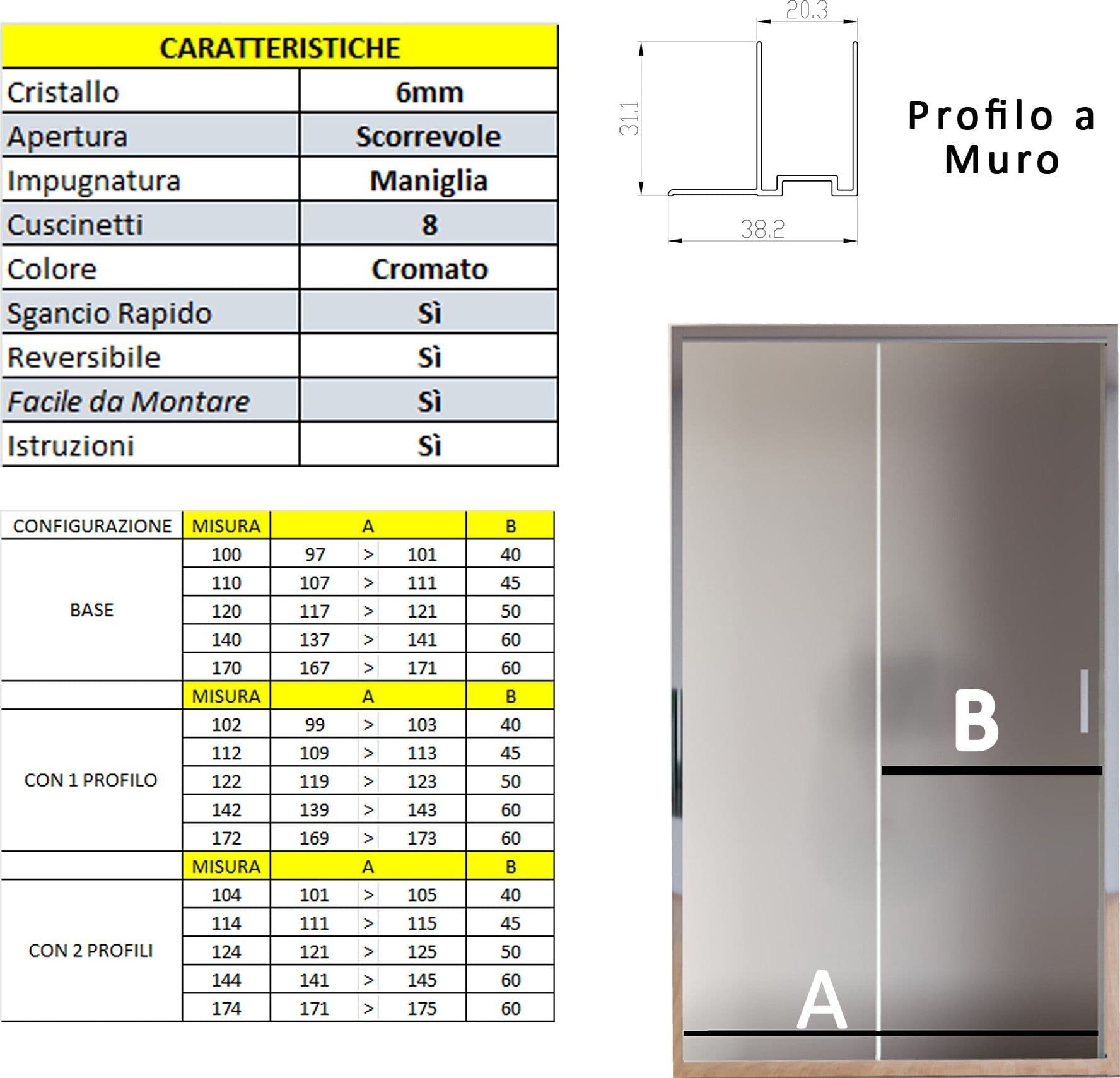 Porta doccia apertura scorrevole opaca 6mm H195 AGATA in Porte doccia Mondialshop - Parabiago, commercioVirtuoso.it