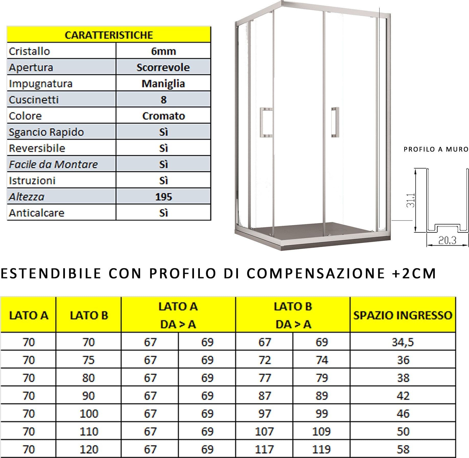 Box doccia due lati apertura scorrevole trasparente H195 6mm anticalcare ADRY in Box doccia Mondialshop - Parabiago, commercioVirtuoso.it