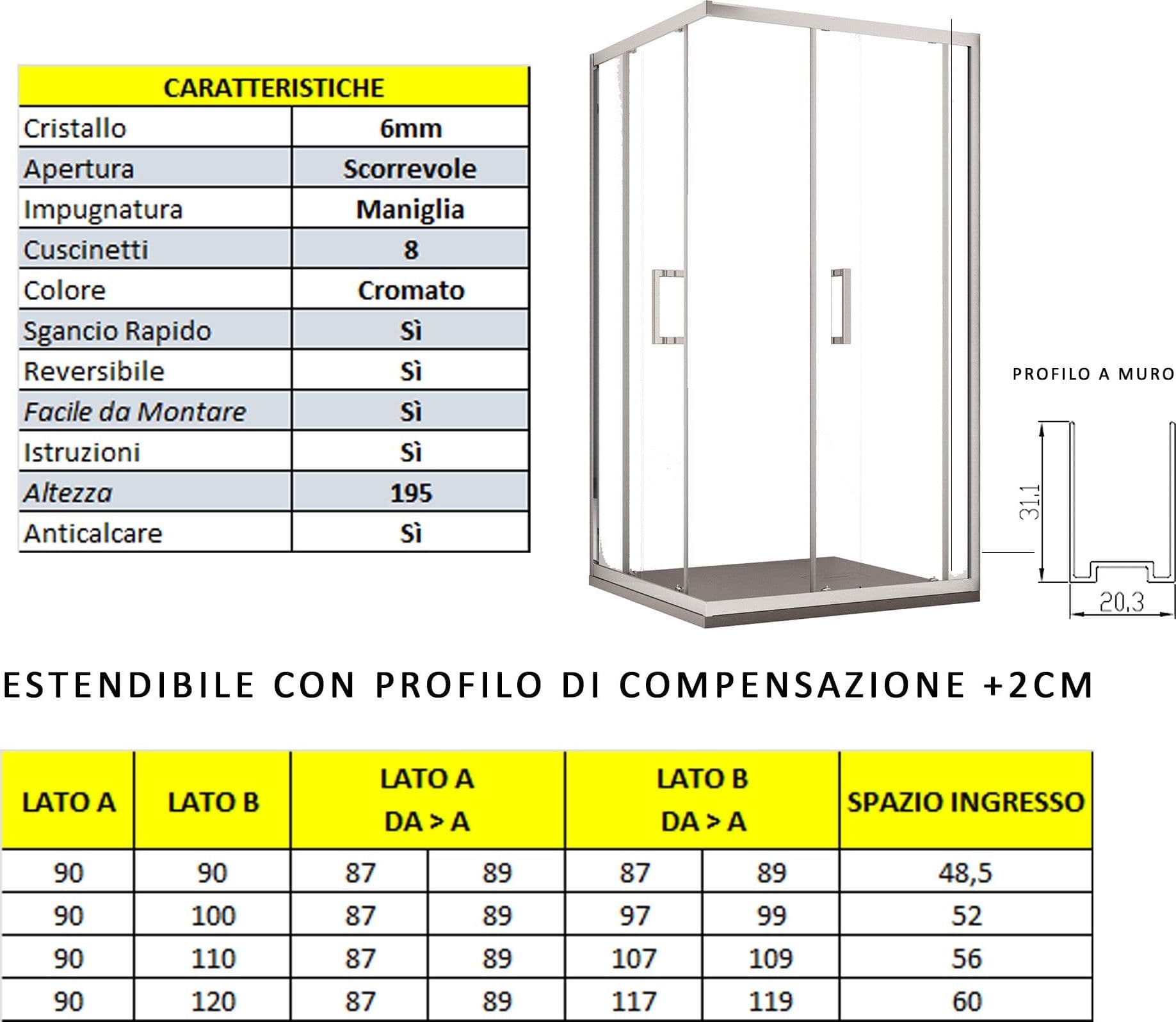 Box doccia due lati apertura scorrevole trasparente H195 6mm anticalcare ADRY in Box doccia Mondialshop - Parabiago, commercioVirtuoso.it